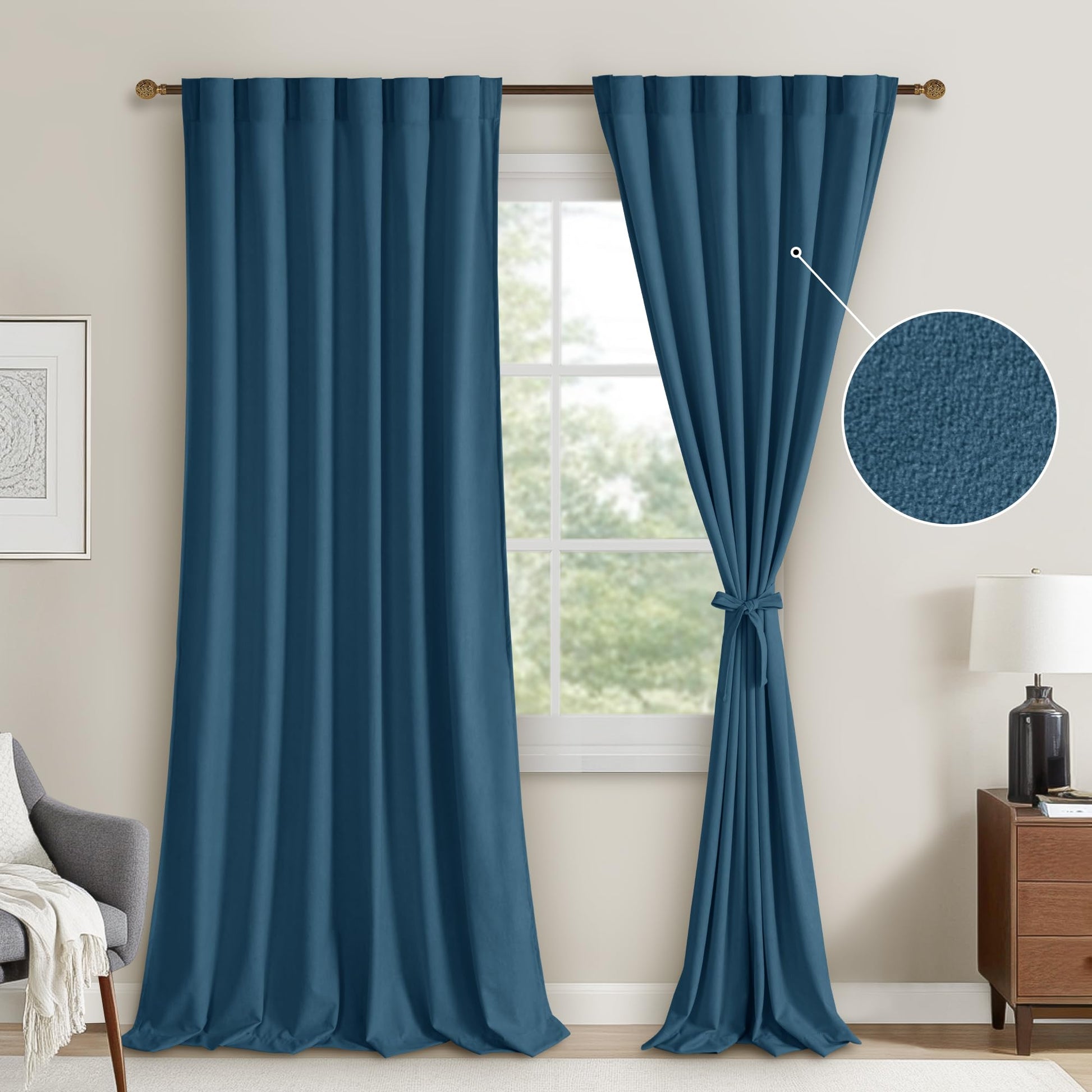 DWCN Velvet Curtains, 2 panels with rod pocket and back tab, hanging on a curtain rod in a cozy living room setting