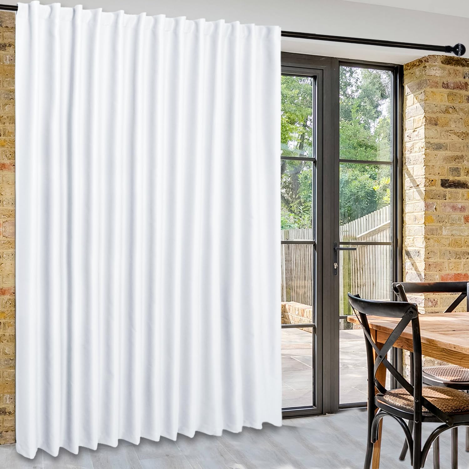DWCN Official black 1-panel wide width blackout curtain used as room divider, blocking light and providing privacy.