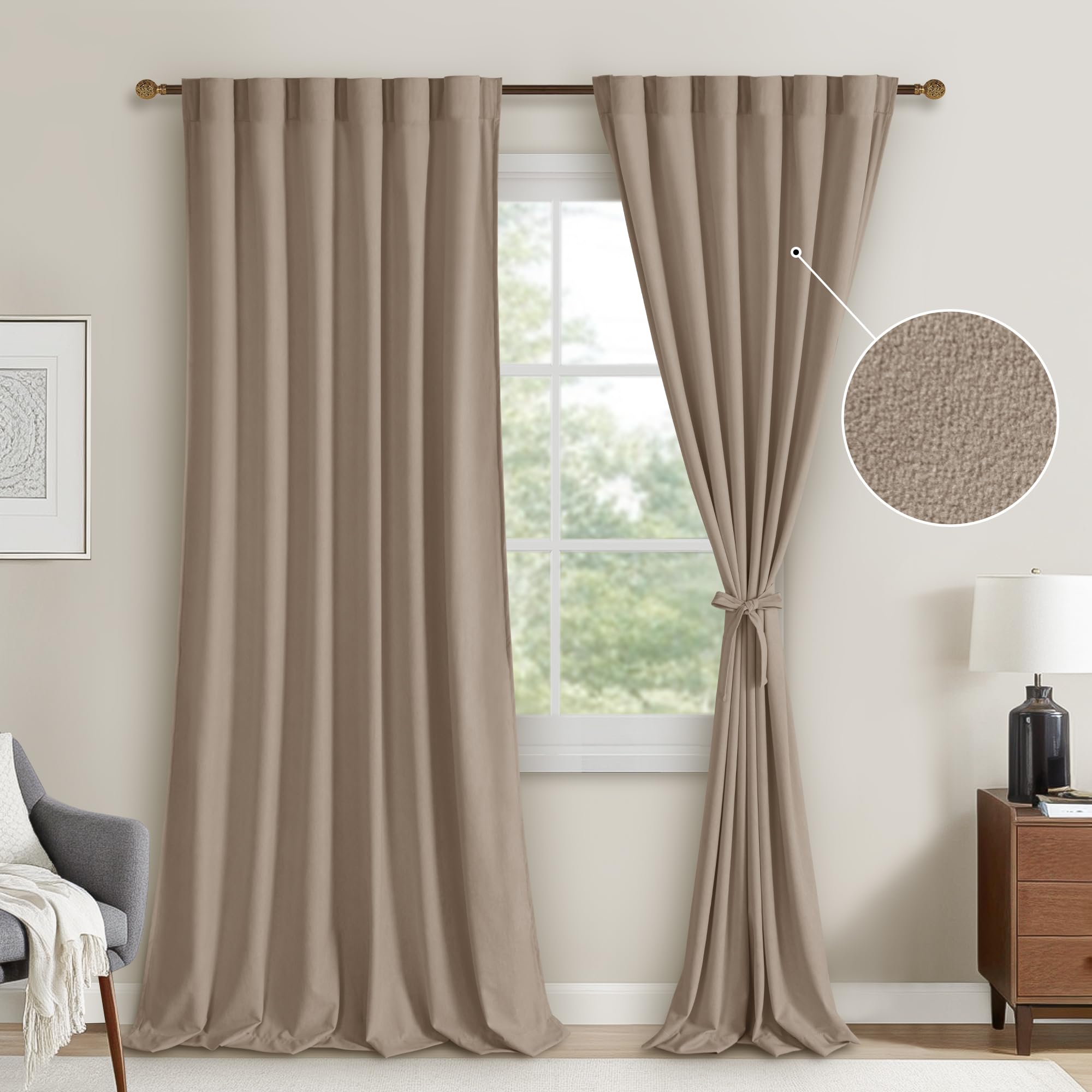 DWCN Velvet Curtains with 2 panels featuring rod pocket and back tab, elegant fabric, hanging on a curtain rod.