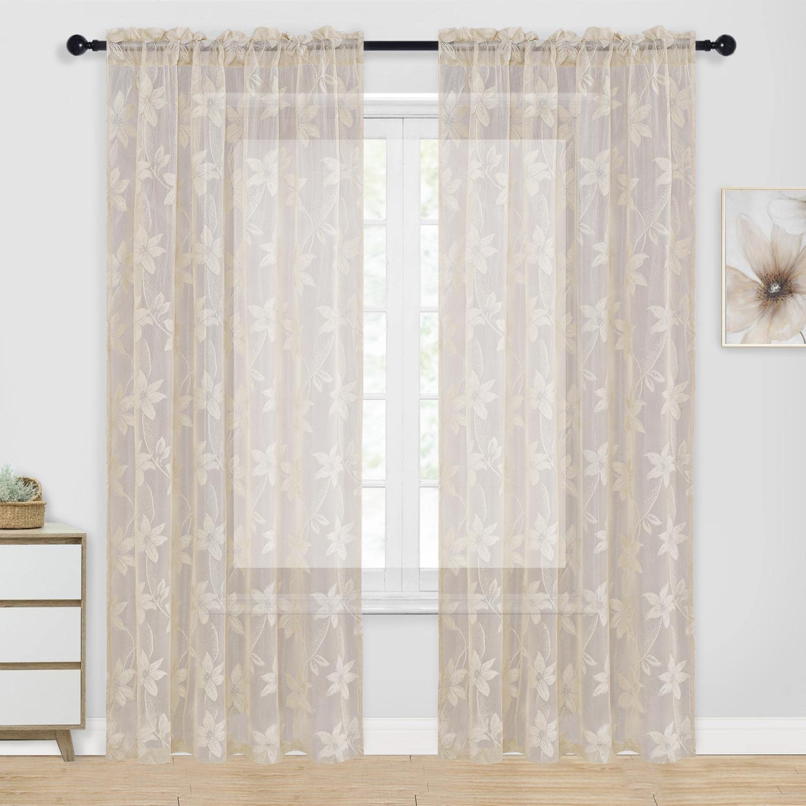 Pair of DWCN Official lace sheer curtains with delicate floral patterns, set of 2 panels for elegant window decoration.