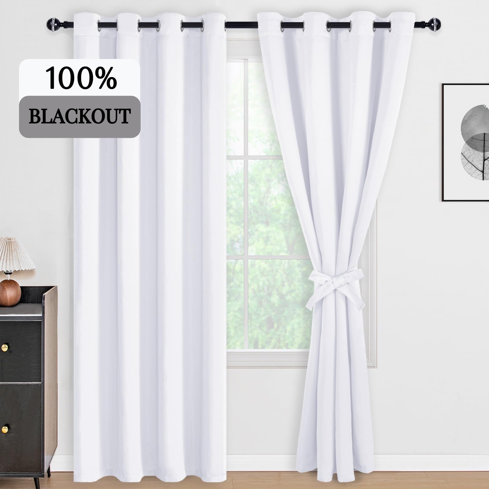 DWCN official 100% blackout curtains with tiebacks, set of 2 panels, featuring dark, opaque fabric for room darkening and privacy.