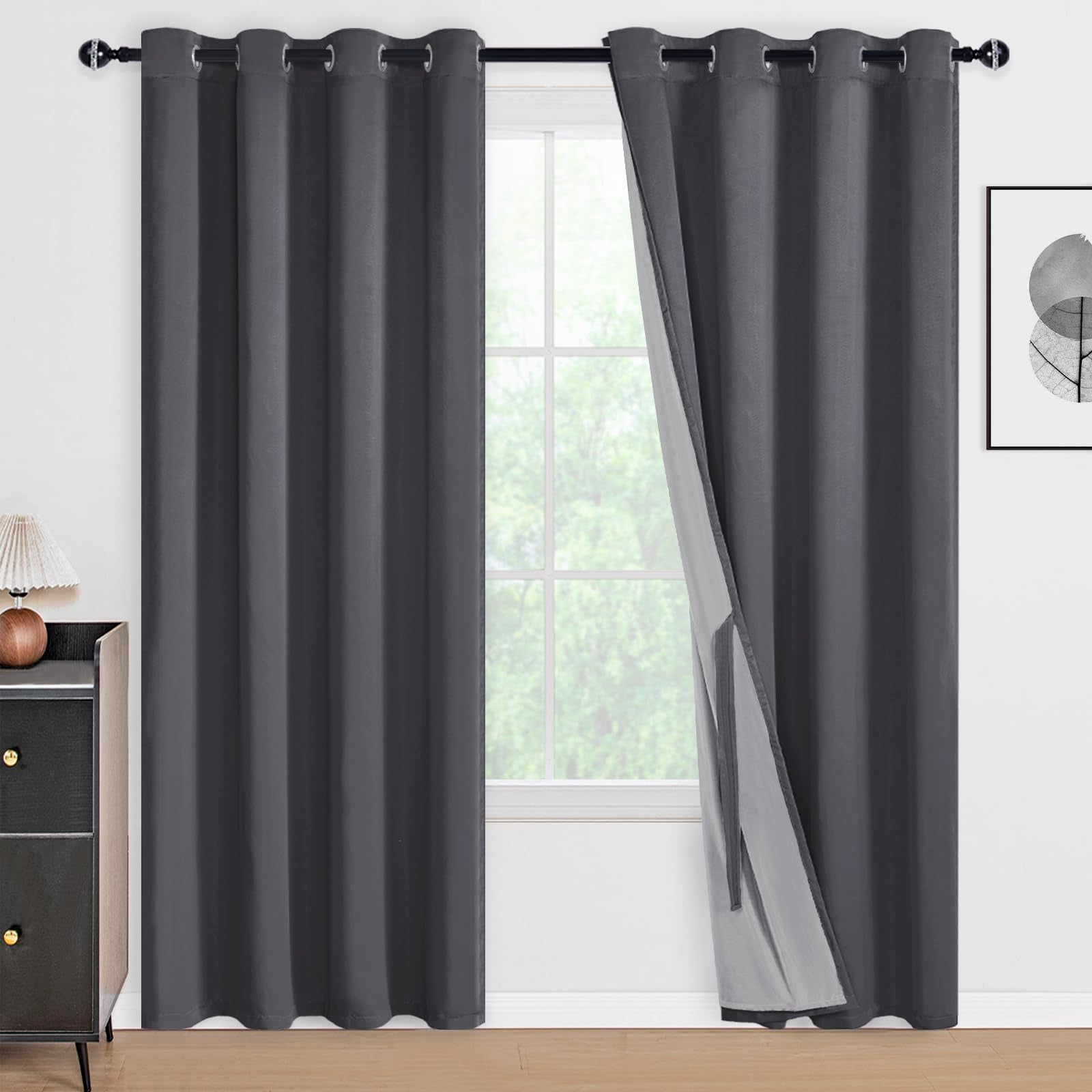 DWCN official black blackout curtains with tiebacks, set of 2 panels, thick fabric for light blocking and privacy.