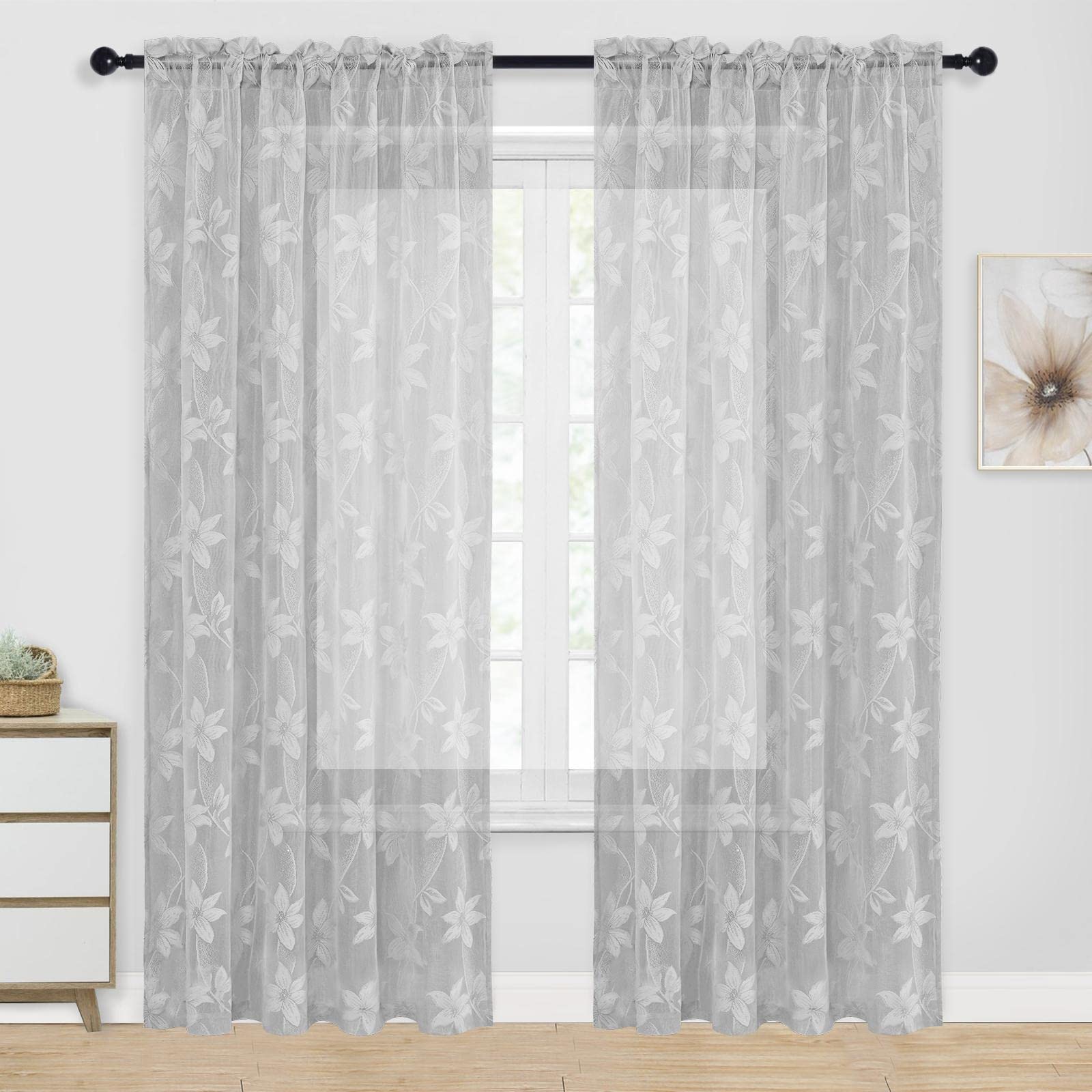 Pair of DWCN Official lace sheer curtains with delicate floral patterns, set of 2 panels for elegant window decoration.