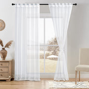 Pair of DWCN White Faux Linen Sheer Curtains with tiebacks, set of 2 panels, featuring lightweight, semi-transparent fabric.