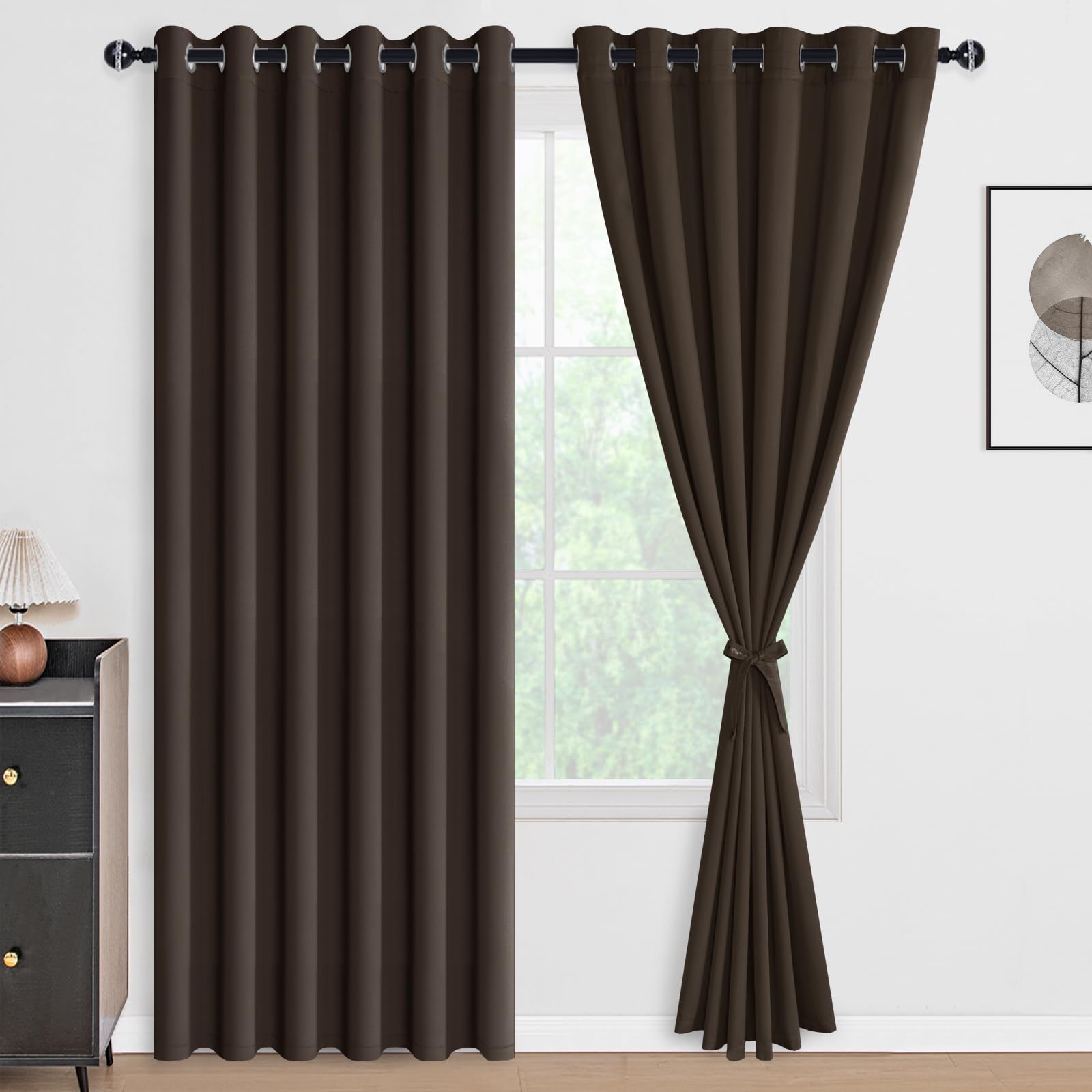 Set of two DWCN blackout curtains with tiebacks, 100% blackout fabric, elegant black drapes for bedroom or living room.