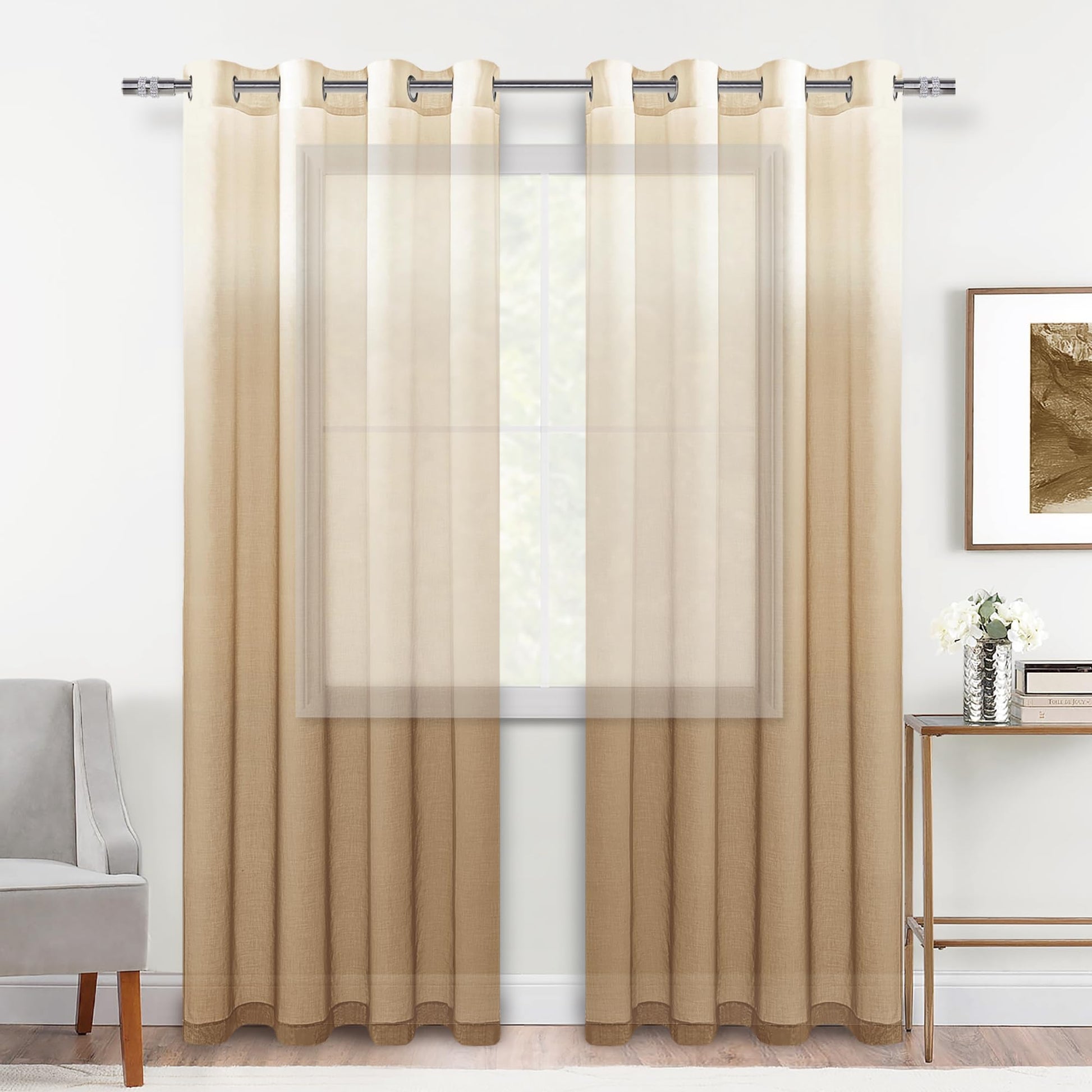 Pair of DWCN Faux Linen Ombre Sheer Curtains in a set of 2 panels, showcasing soft, semi-transparent fabric with a gentle ombre design.