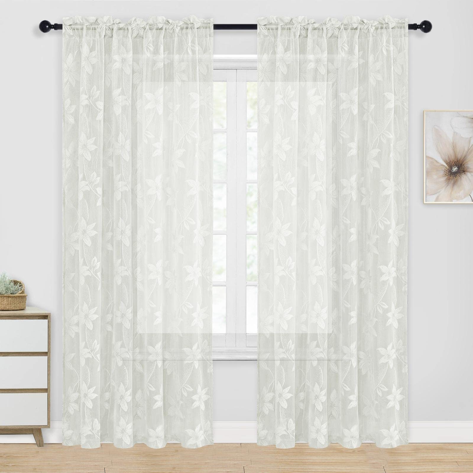 Pair of DWCN Official lace sheer curtains, set of 2 panels, featuring delicate floral patterns and lightweight, transparent fabric.