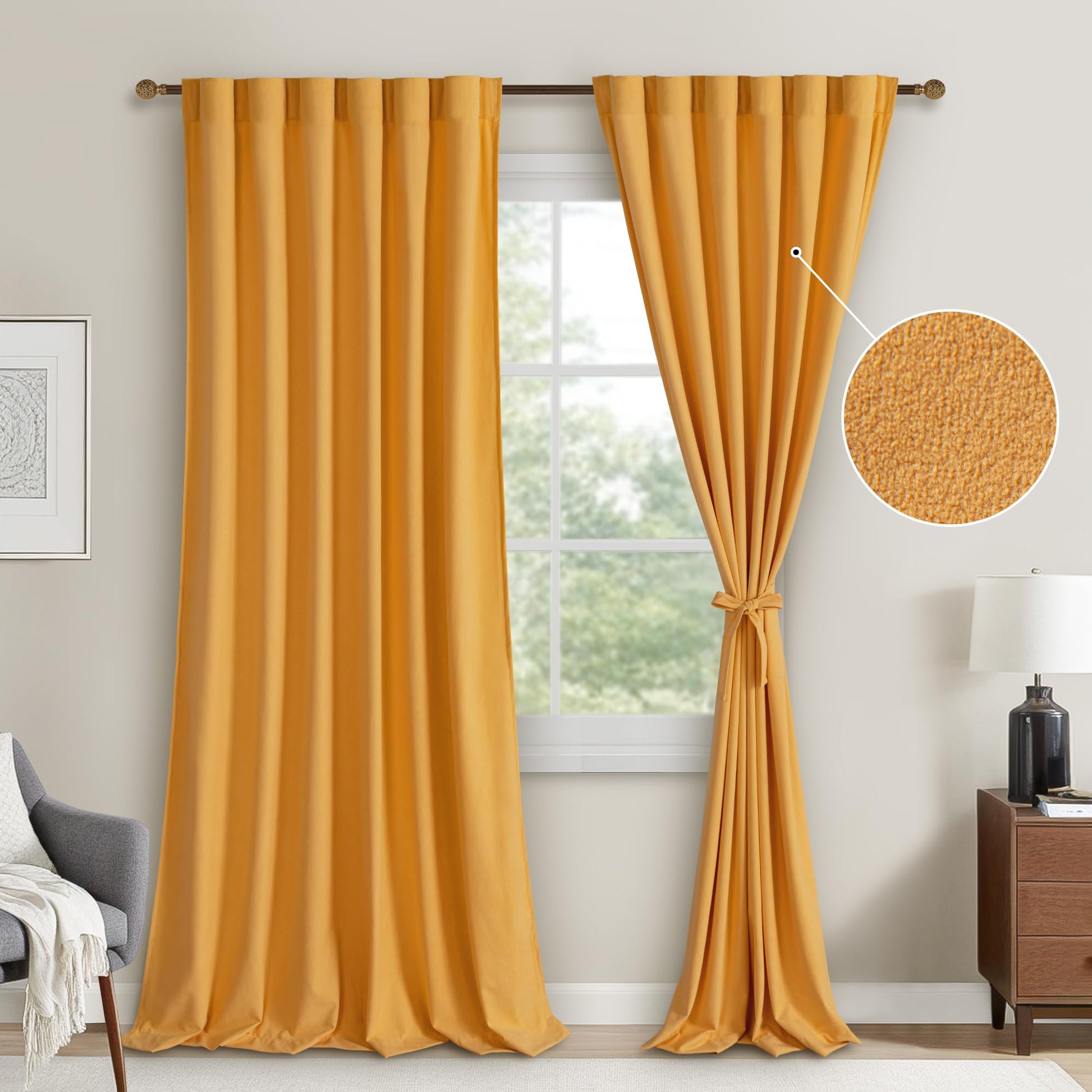 DWCN Velvet Curtains with 2 panels, rod pocket and back tab design, showcasing soft, luxurious fabric and elegant window coverage.