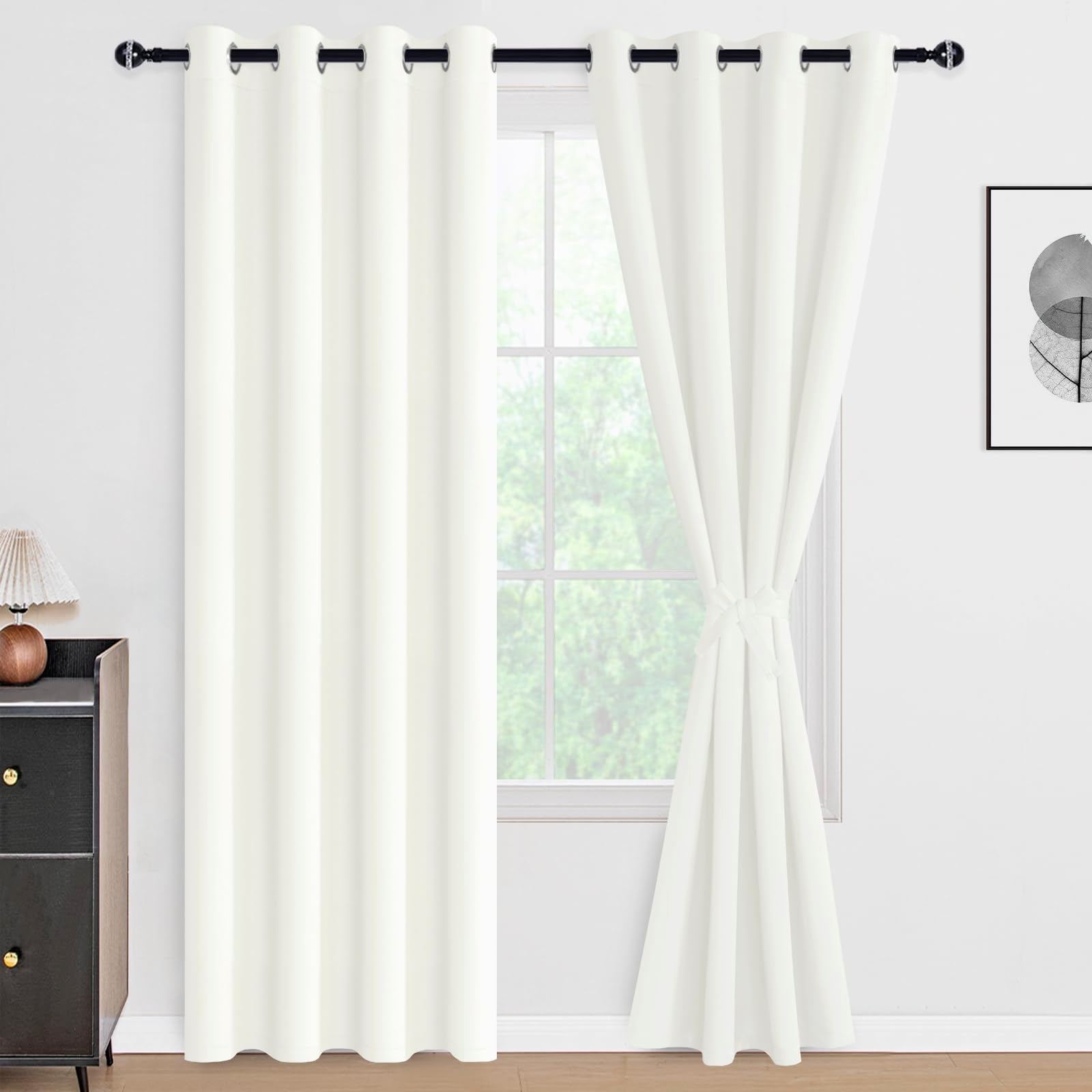 DWCN official 100% blackout curtains with tiebacks, set of 2 panels, dark black fabric for room darkening and privacy.