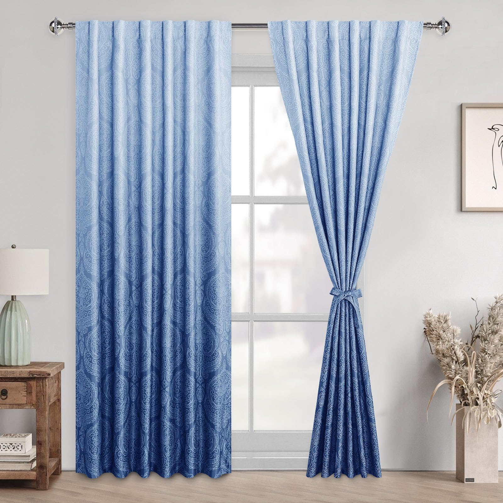 Set of two DWCN Official black blackout curtains with ombre design and tiebacks, perfect for bedroom or living room windows.