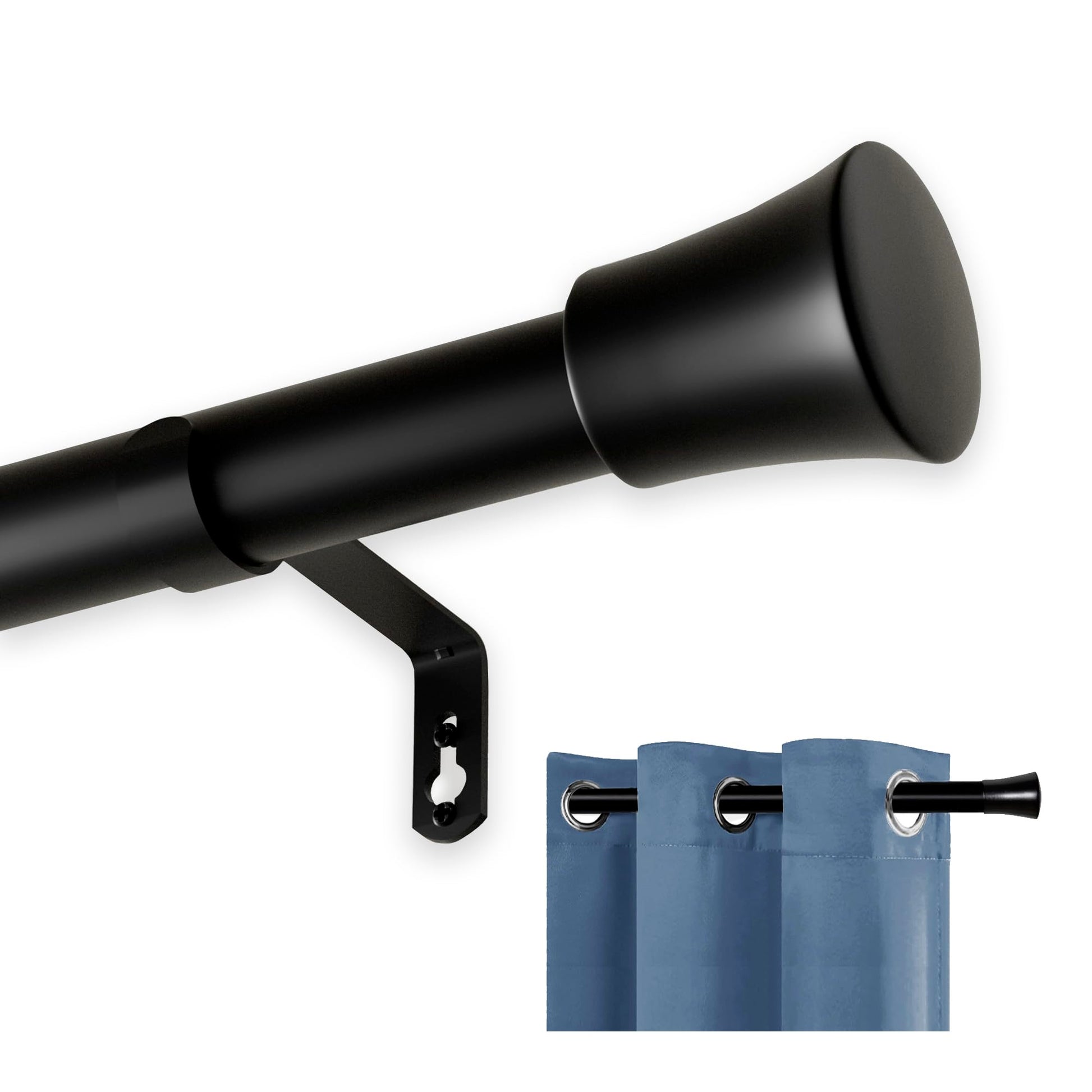 Black curtain rod with brackets and blue curtains on a white background