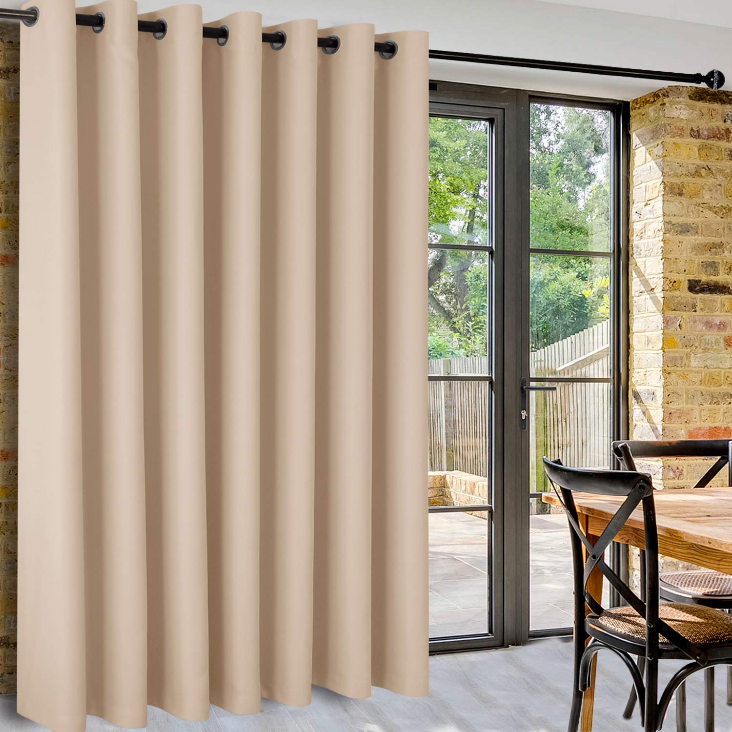 DWCN official blackout curtain panel with black grommets, ideal for room dividers, made of dark, opaque fabric for privacy and light control.