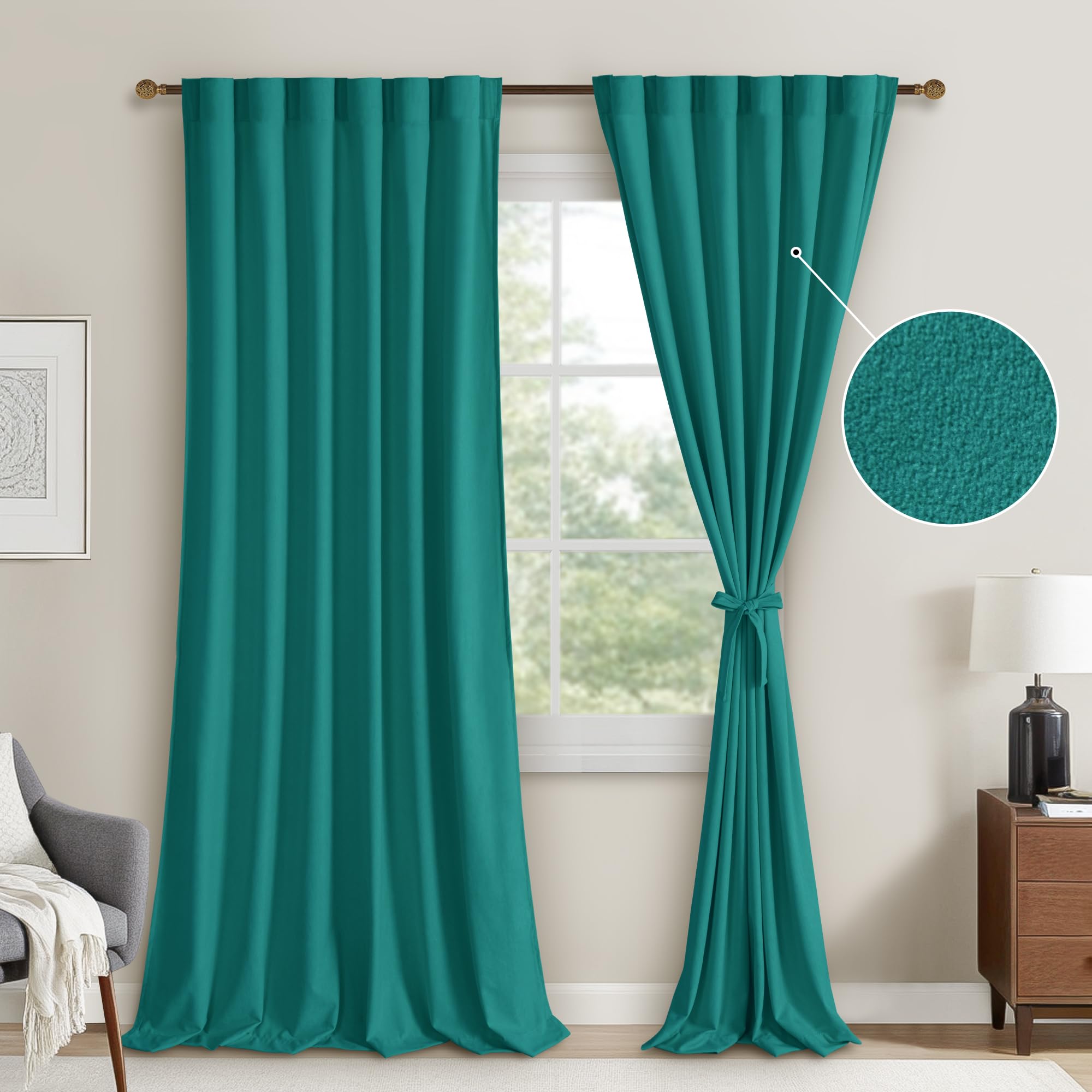 DWCN Velvet Curtains with 2 panels featuring rod pocket and back tab design, displayed hanging in a cozy living room setting.