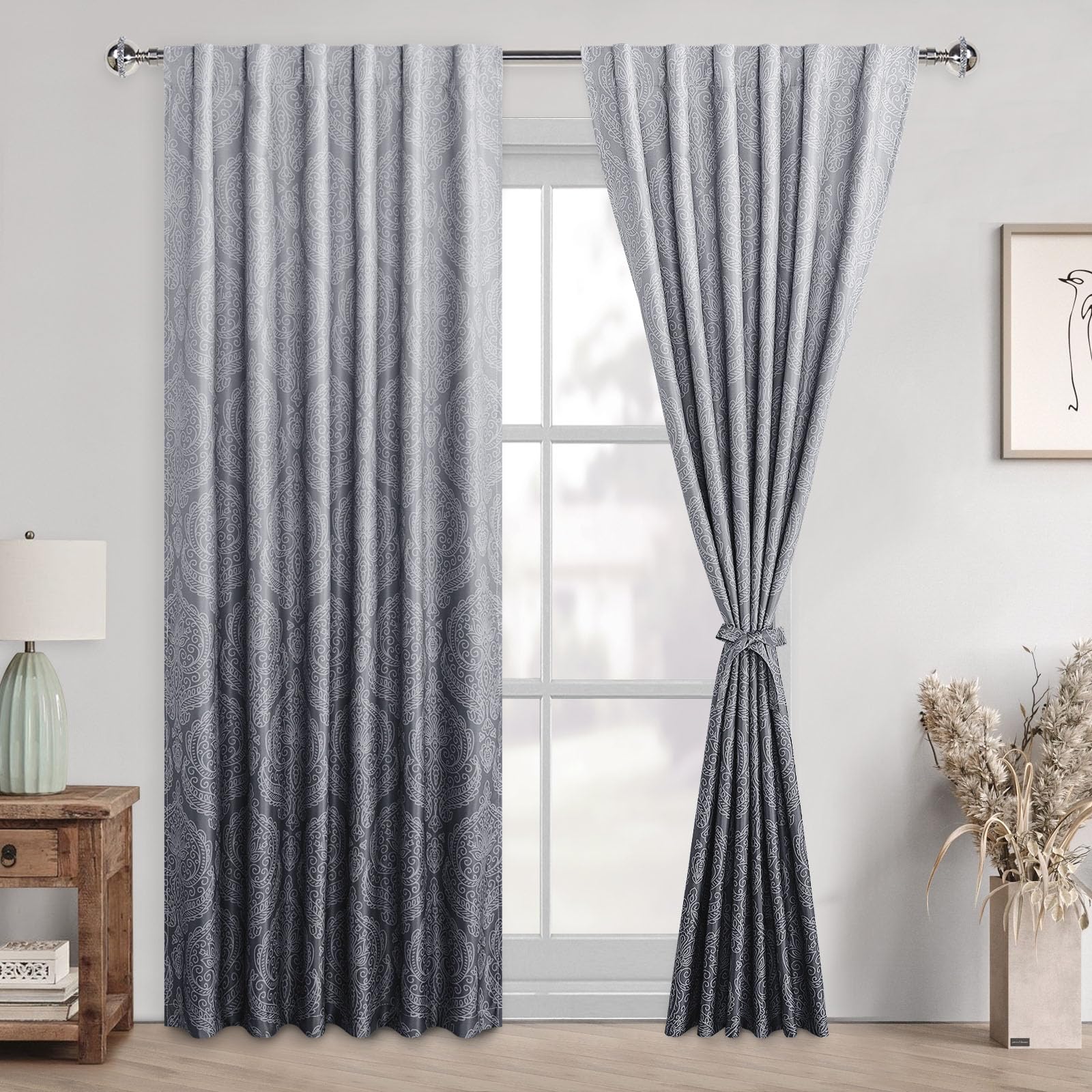 Set of 2 DWCN Official blackout curtains with ombre black design and tiebacks, featuring stylish and functional window coverage.