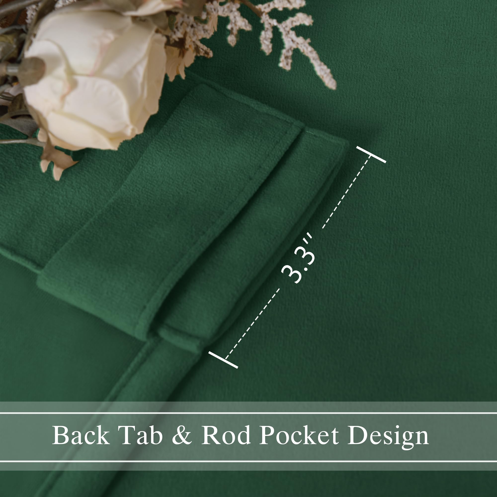 DWCN Velvet Curtains with 2 panels featuring rod pocket and back tab, shown hanging in a stylish living room setting.