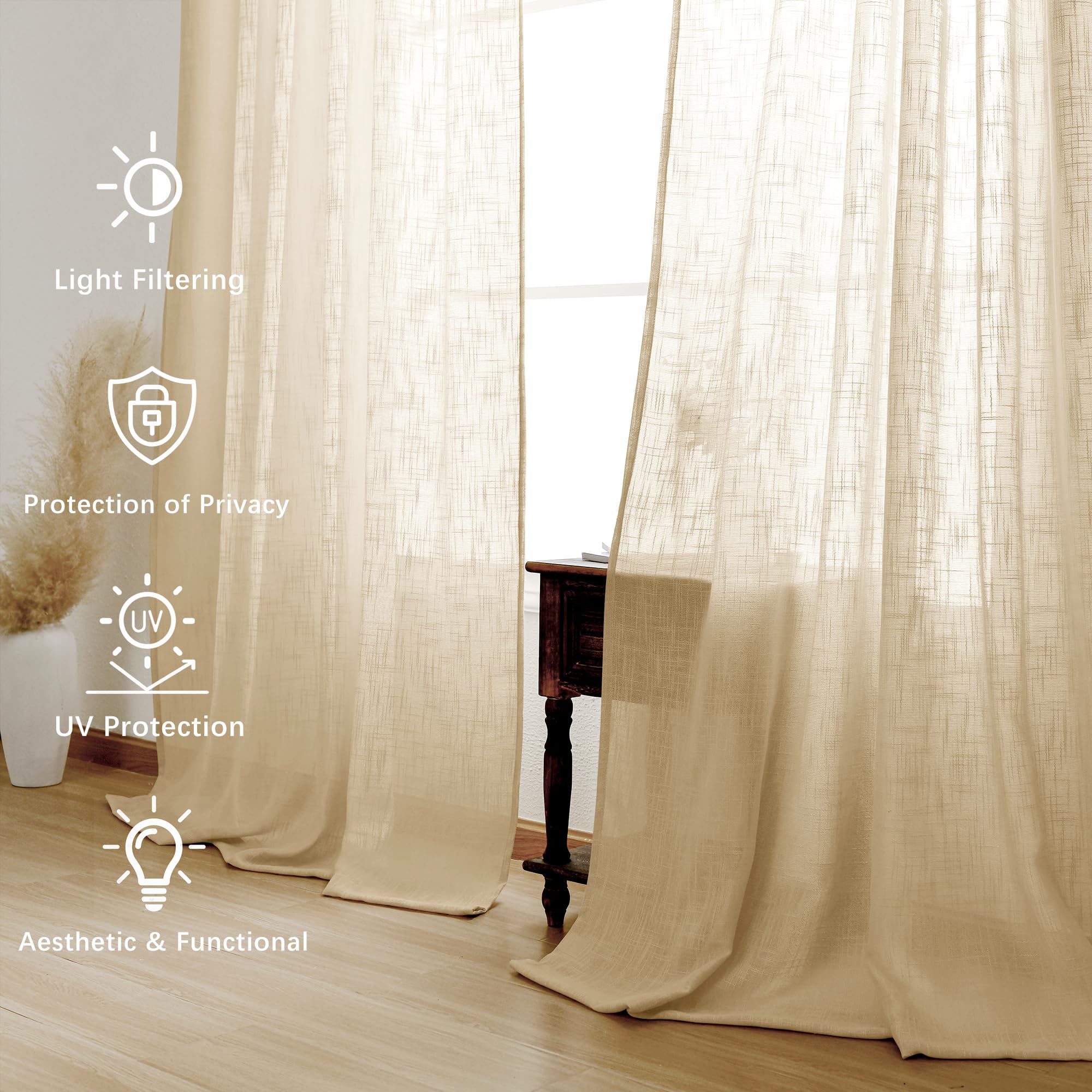 Light-diffusing custom linen sheer curtains by DWCN Official hanging on a window with natural light.