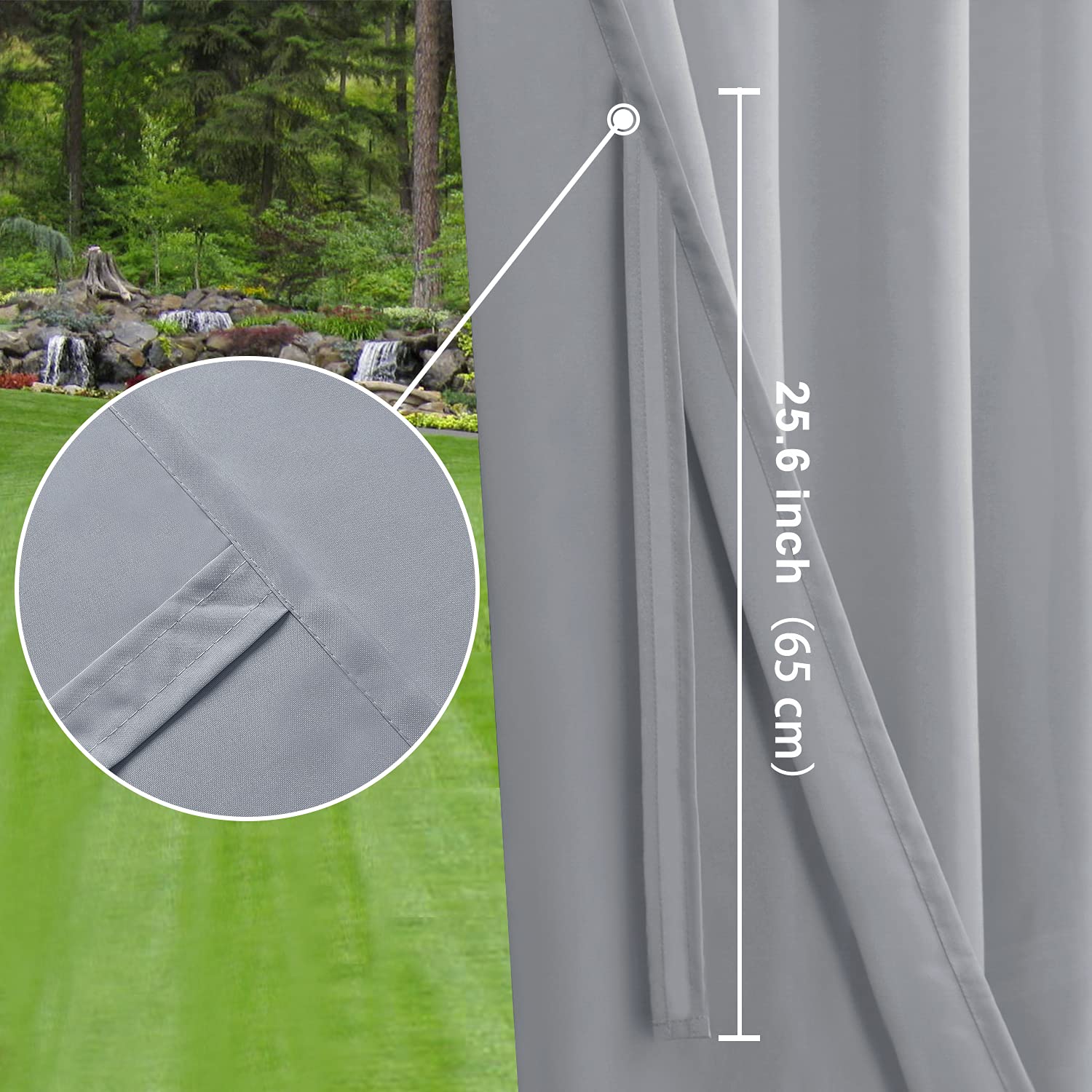 Outdoor curtains from DWCN Official, showing lightweight fabric panels hanging outdoors with tiebacks and a garden backdrop.
