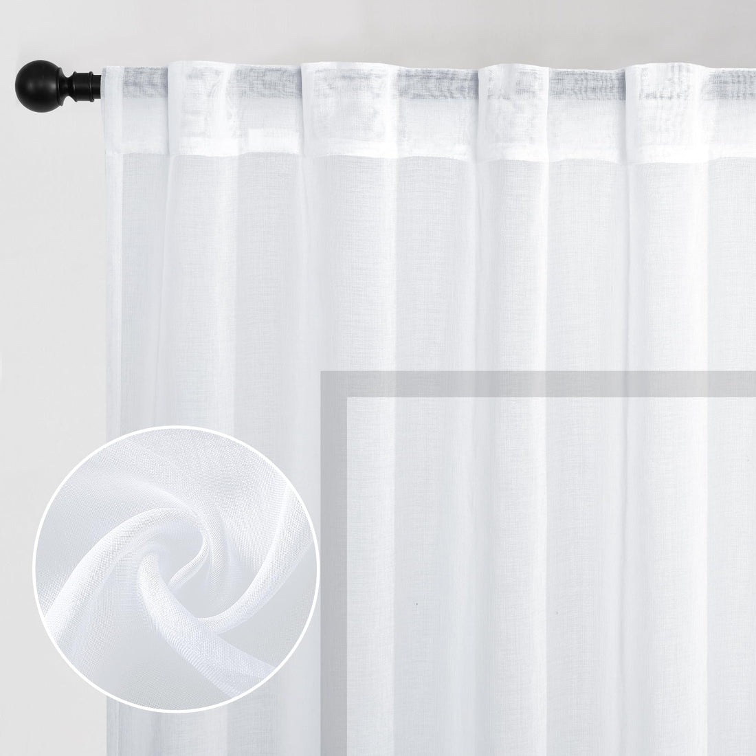 DWCN White Faux Linen Sheer Curtains with Tiebacks, set of 2 panel curtains hanging in a window, lightweight and elegant for home decor