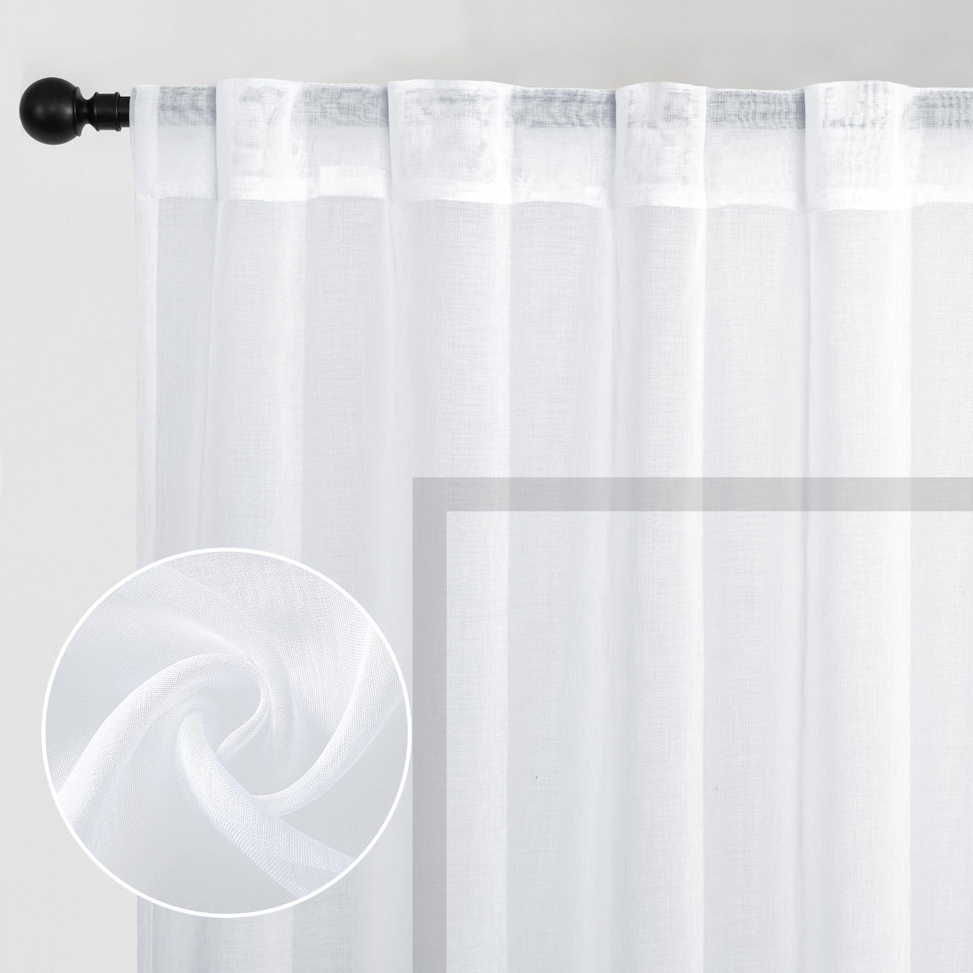 DWCN White Faux Linen Sheer Curtains with Tiebacks, set of 2 panel curtains hanging in a window, lightweight and elegant for home decor