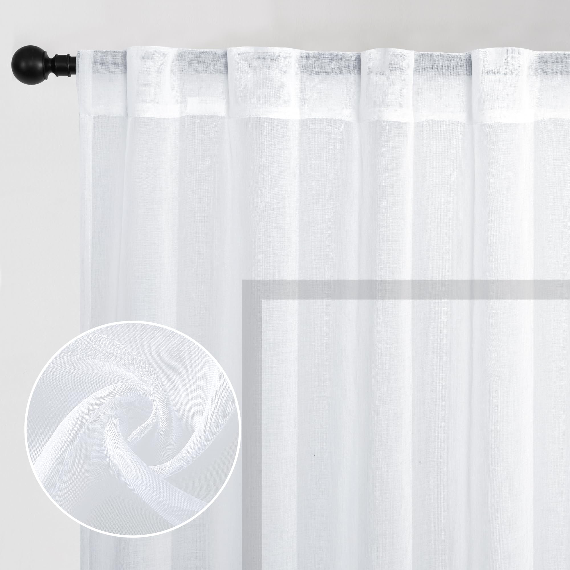 DWCN White Faux Linen Sheer Curtains with Tiebacks, set of 2 panel curtains hanging in a window, lightweight and elegant for home decor