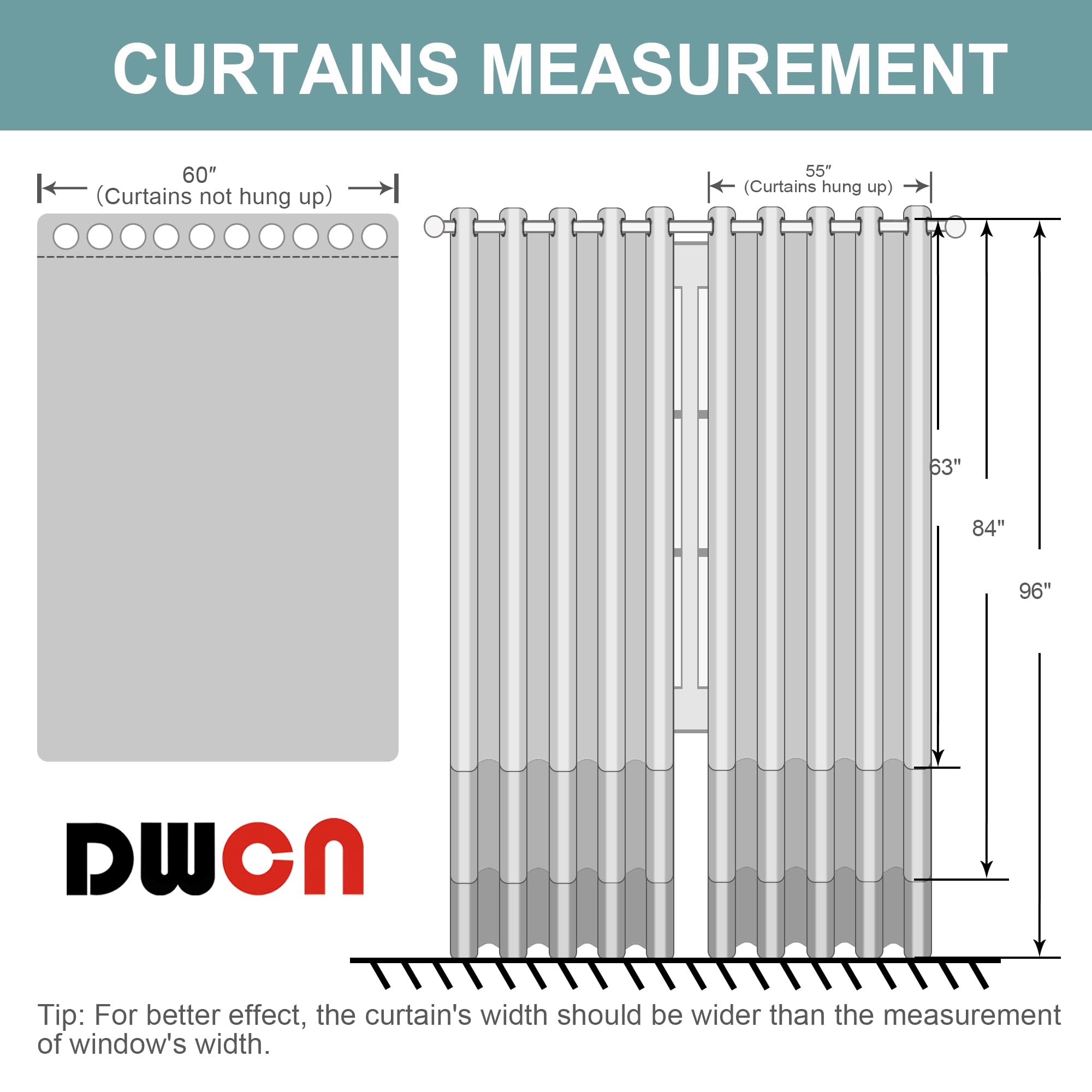 Set of two DWCN Blackout Curtains with tiebacks, 100% blackout fabric, hanging with decorative tiebacks in a modern living room.
