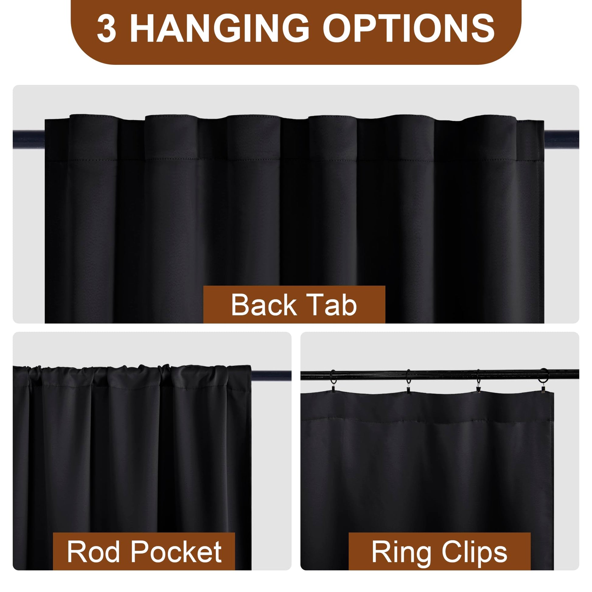 Pair of DWCN black blackout curtains with tiebacks, rod pocket and back tab design, set of 2 panels for window coverage