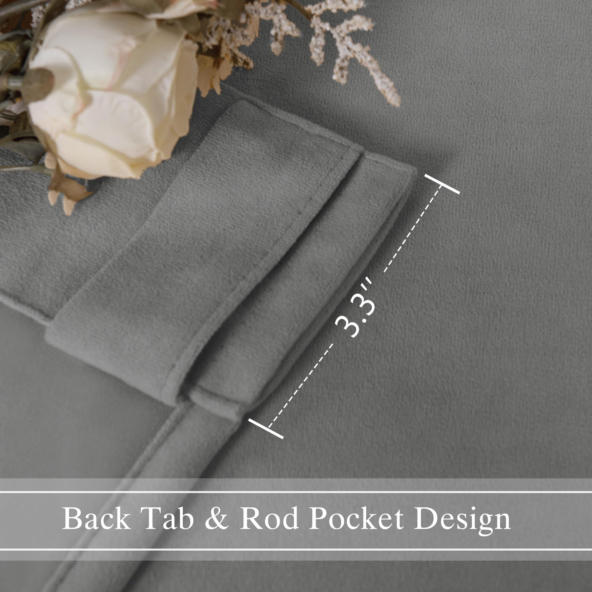 DWCN Velvet curtains with two panels, featuring rod pocket and back tab designs, shown hanging in a window setting.