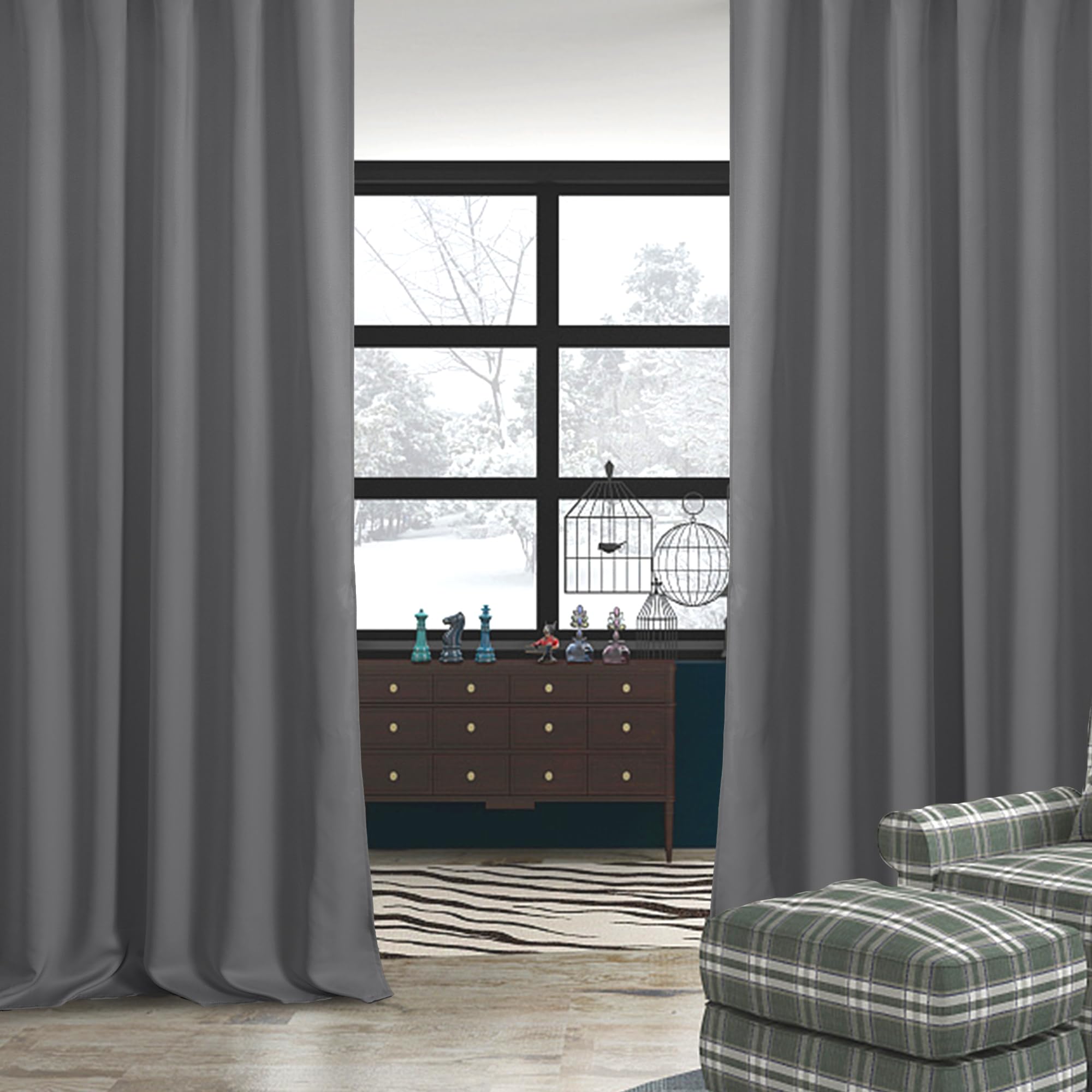 Set of two DWCN Blackout Curtains with tiebacks, rod pocket and back tab design, featuring dark fabric for light blocking.