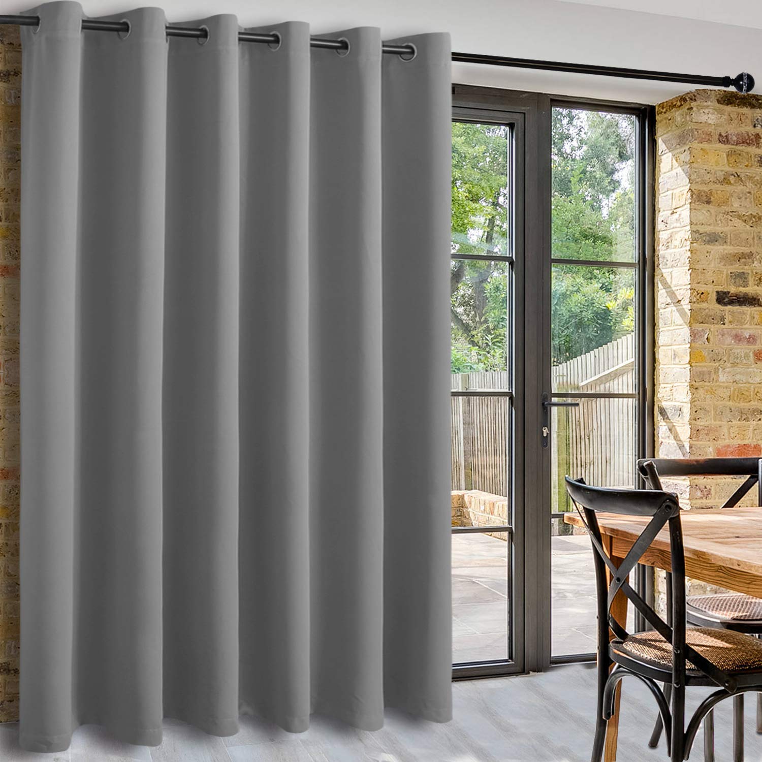 DWCN Official black blackout curtain panel with grommets, designed for room dividers, in sleek black fabric.