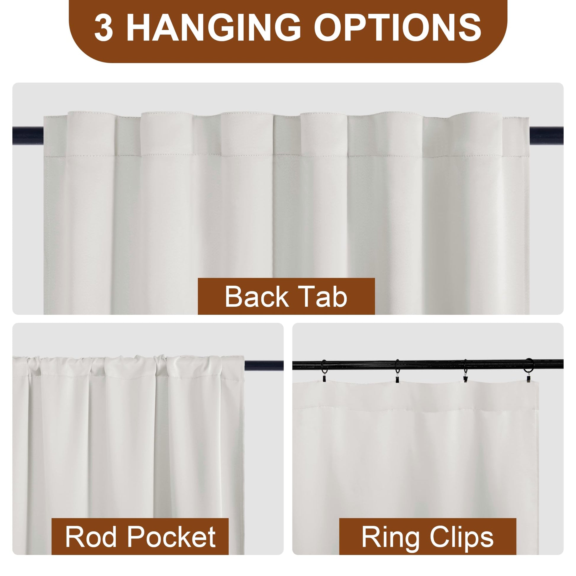 Set of two DWCN black blackout curtains with tiebacks, rod pocket and back tab design, hanging on a curtain rod in a living room.