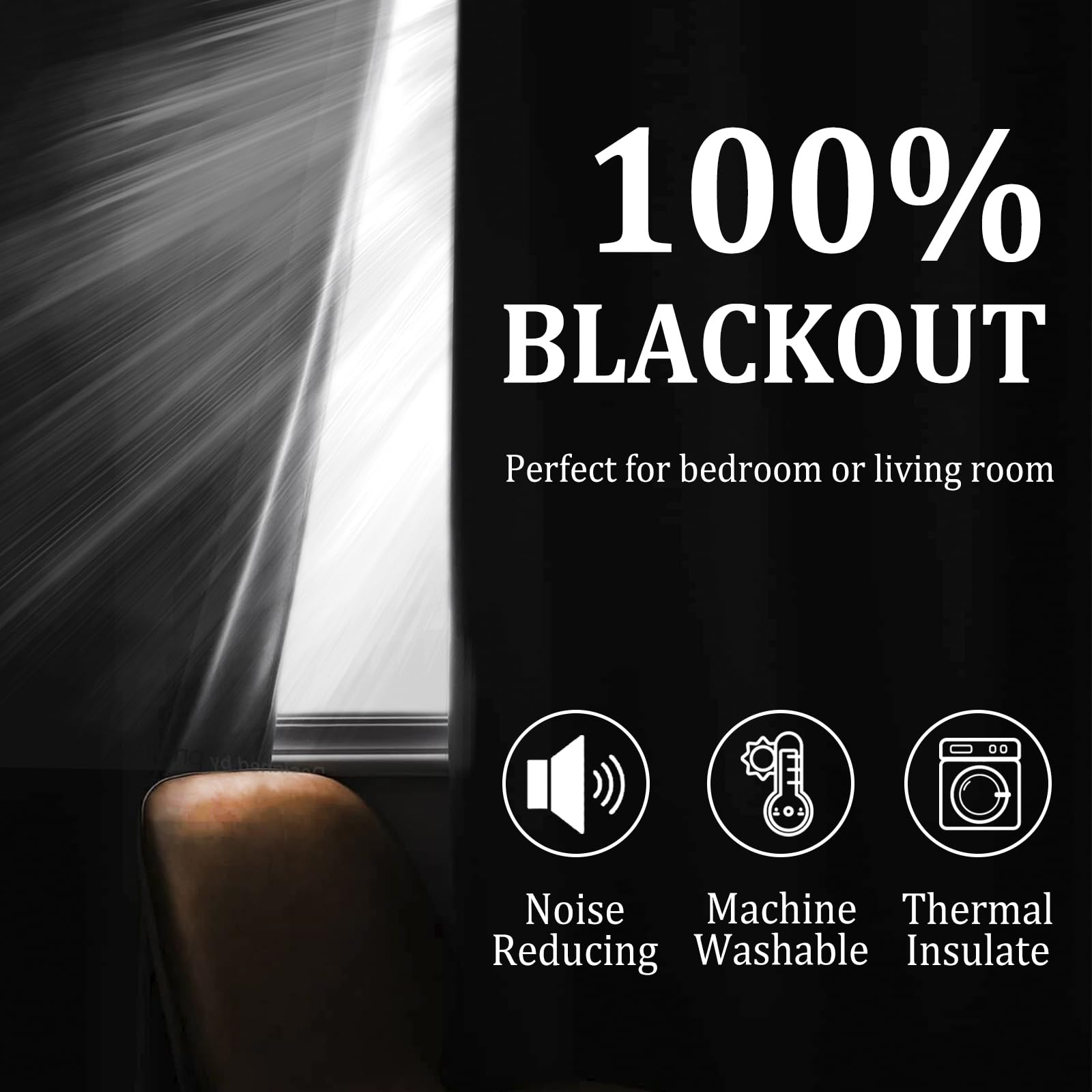 Set of two DWCN blackout curtains with tiebacks in solid black fabric, designed to block light and add privacy to a room.