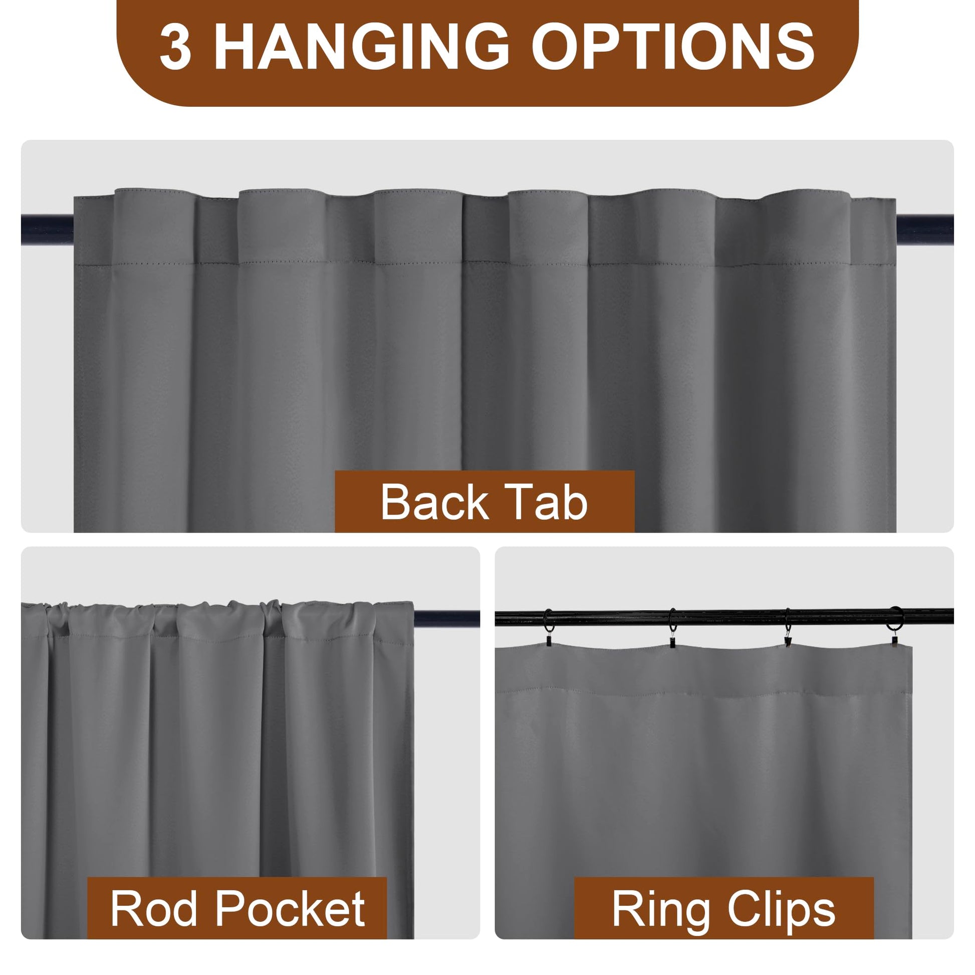 Pair of DWCN black blackout curtains with tiebacks, rod pocket and back tab design, set of two panels for bedroom or living room.