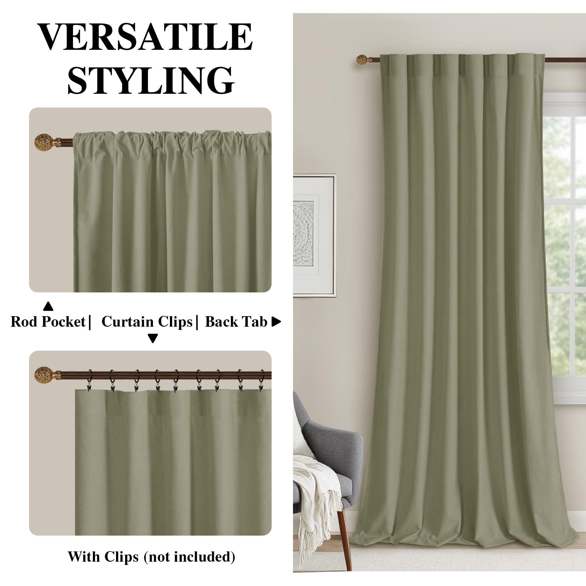 DWCN Velvet curtains with two panels, featuring rod pocket and back tab designs, hanging in a cozy window setting.