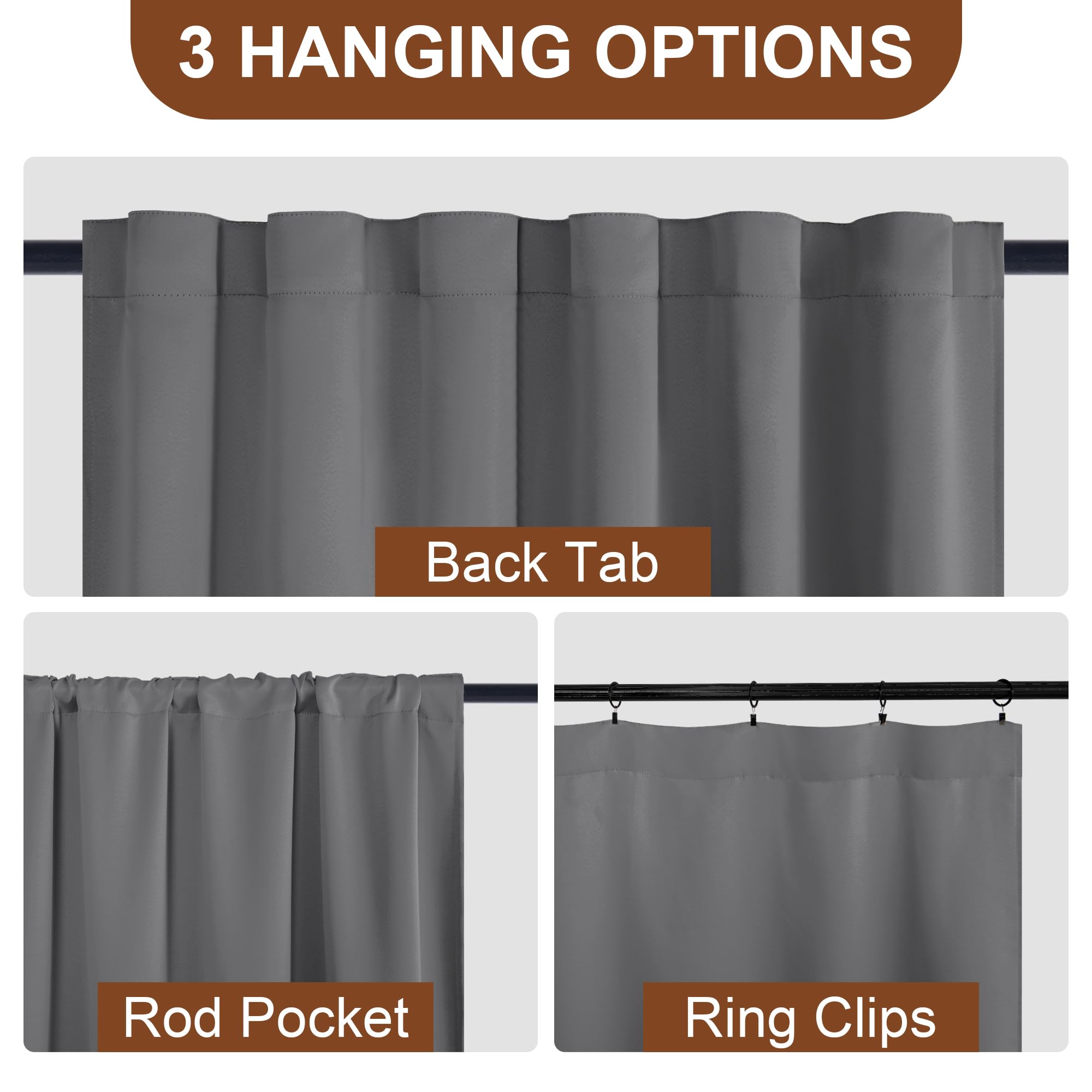 Set of two DWCN Blackout Curtains with tiebacks, rod pocket and back tab design, in a sleek black fabric.