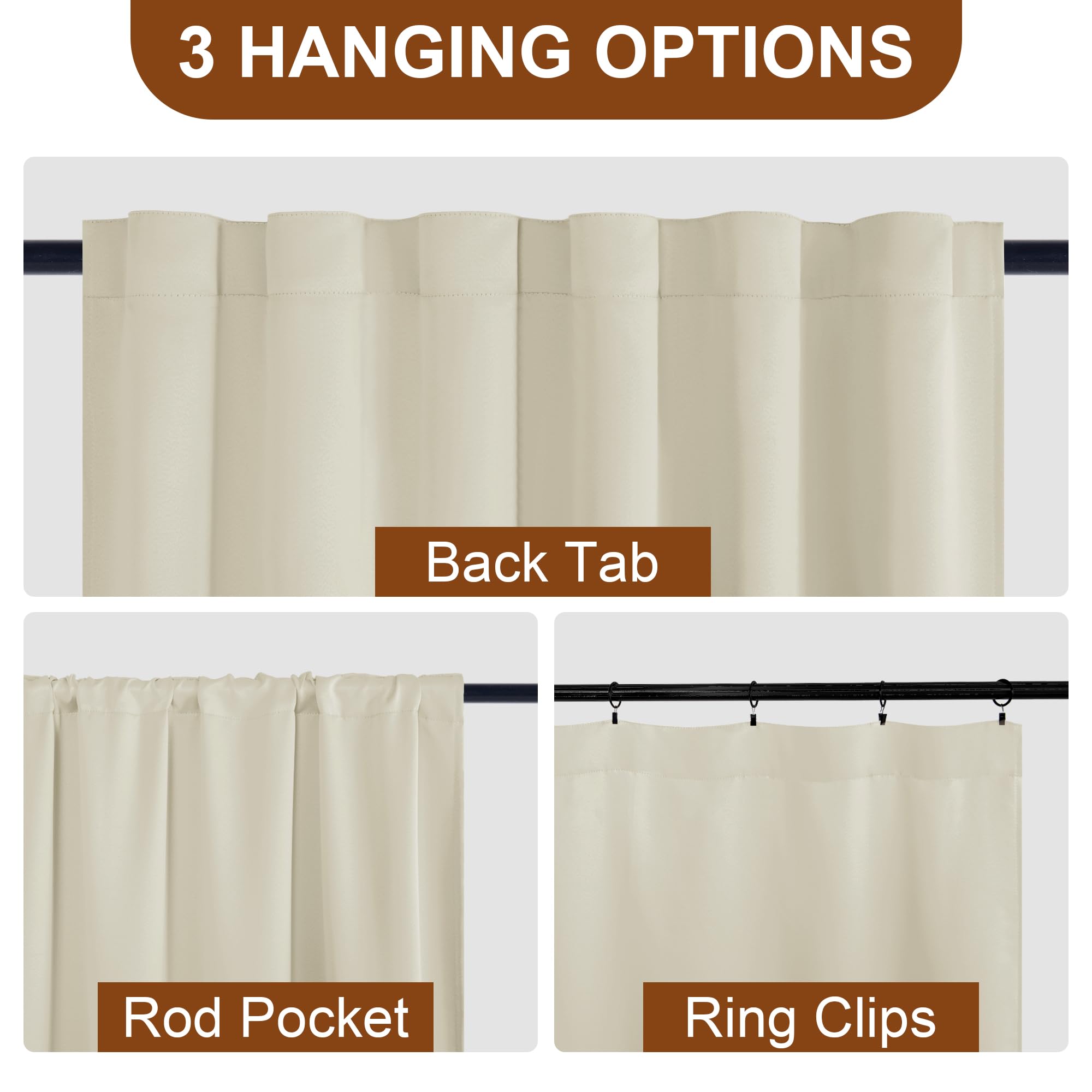 DWCN black blackout curtains with tiebacks, rod pocket and back tab, set of 2 panels hanging in a modern living room.