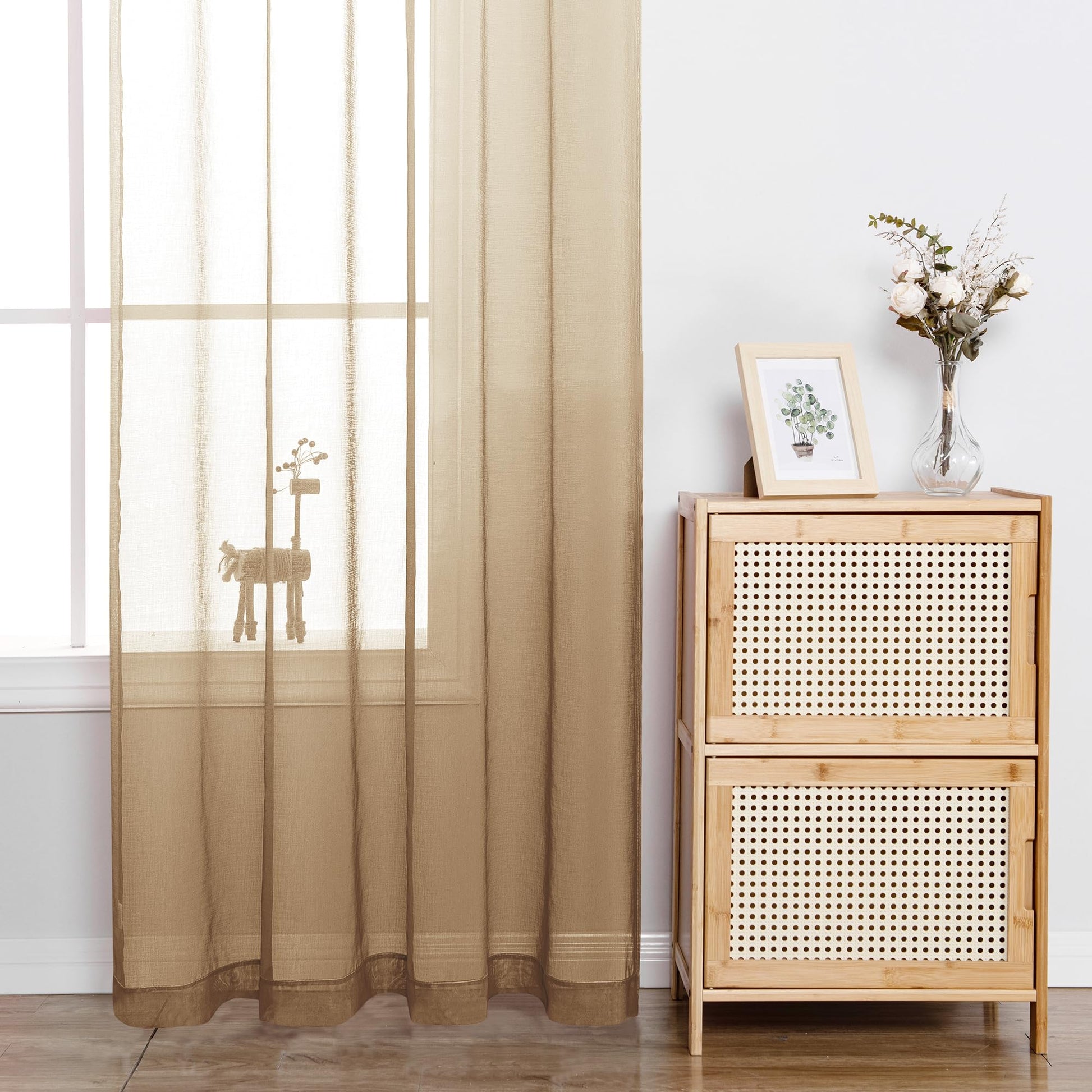 DWCN Faux Linen Ombre Sheer Curtains set of 2 panels hanging in a living room with soft natural light.