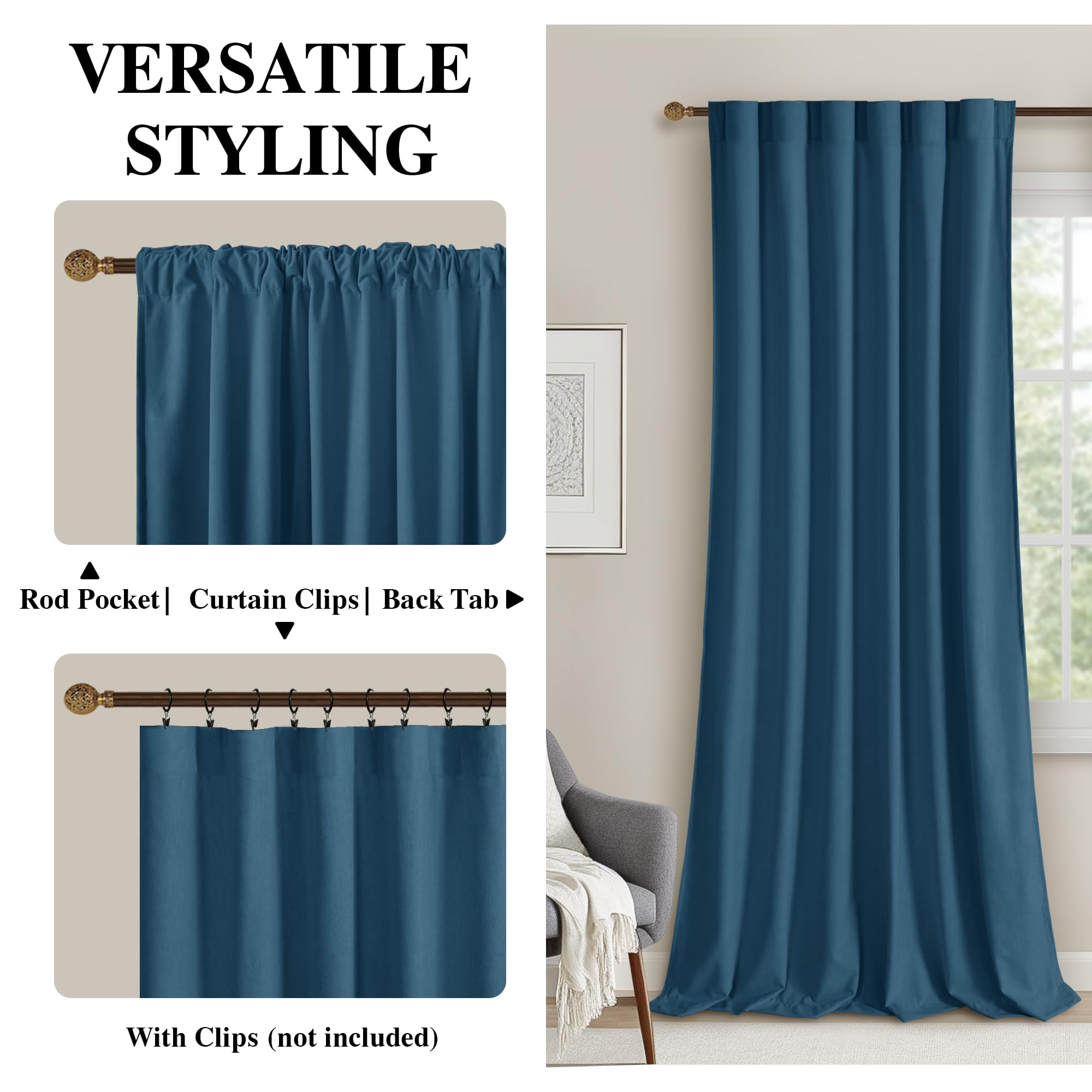 DWCN Velvet Curtains with 2 panels featuring rod pocket and back tab design, showcasing soft, luxurious fabric and elegant drape.