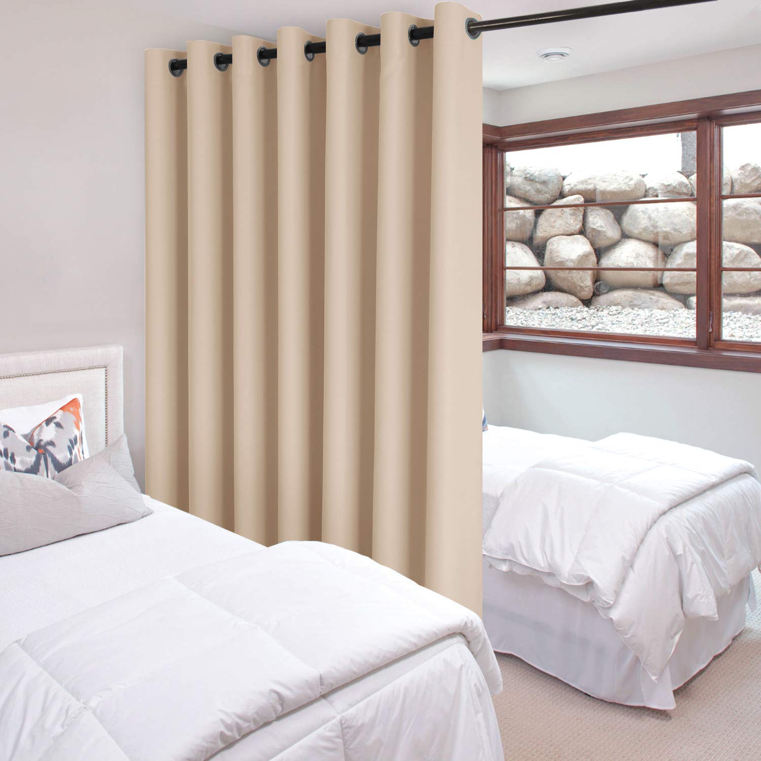 DWCN Blackout Curtain Panel with grommets, room divider curtain in black for blocking light and creating privacy.