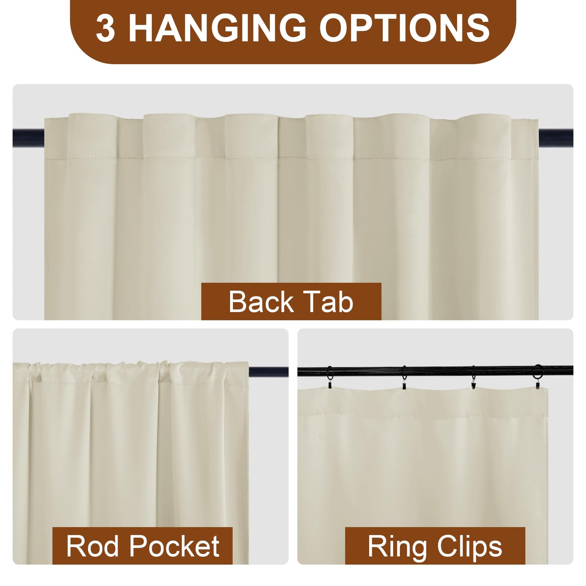Set of two DWCN Official blackout curtains with tiebacks, rod pocket and back tab design, shown hanging on a window.