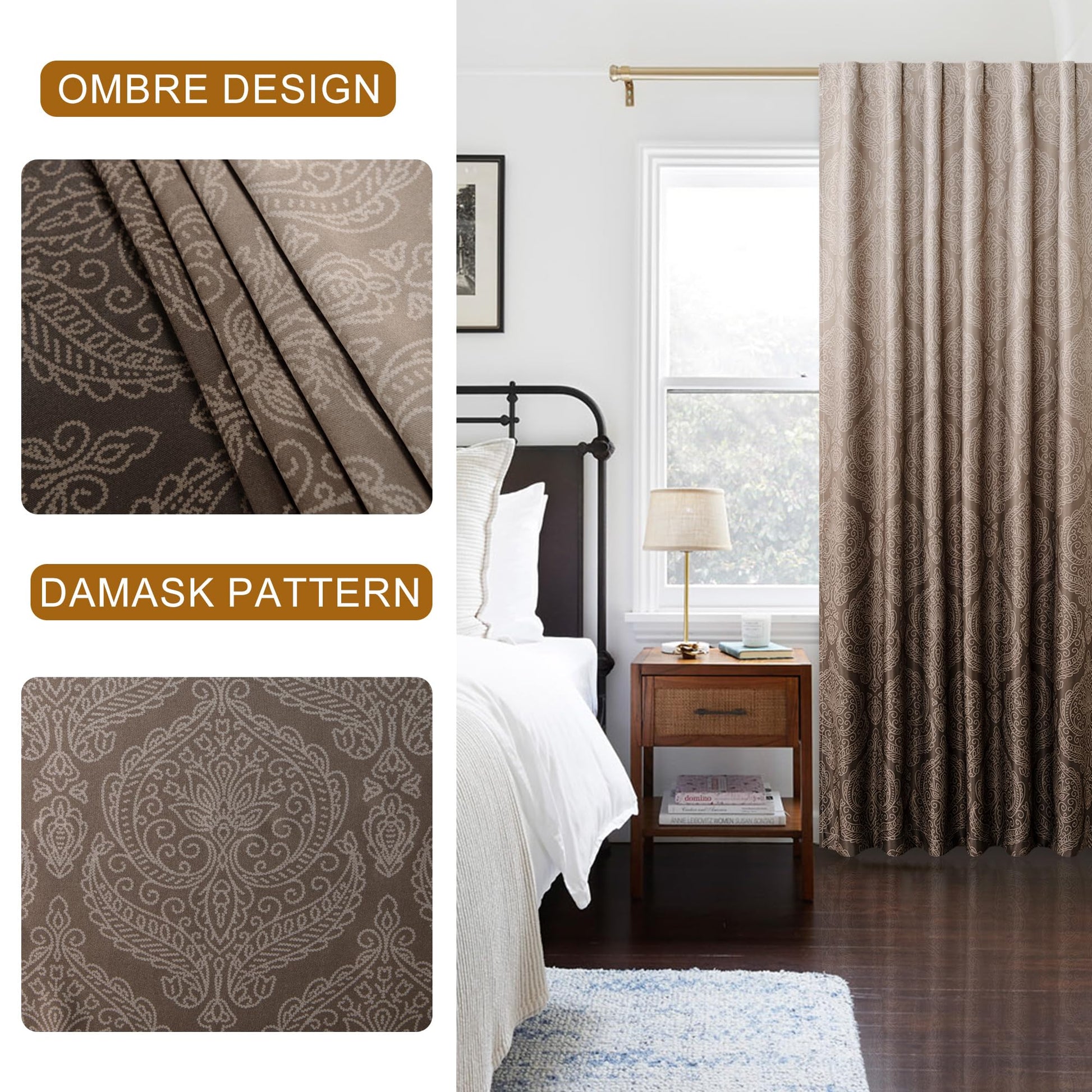 Pair of DWCN Official black blackout curtains with tiebacks in ombre black design, hanging on a window.
