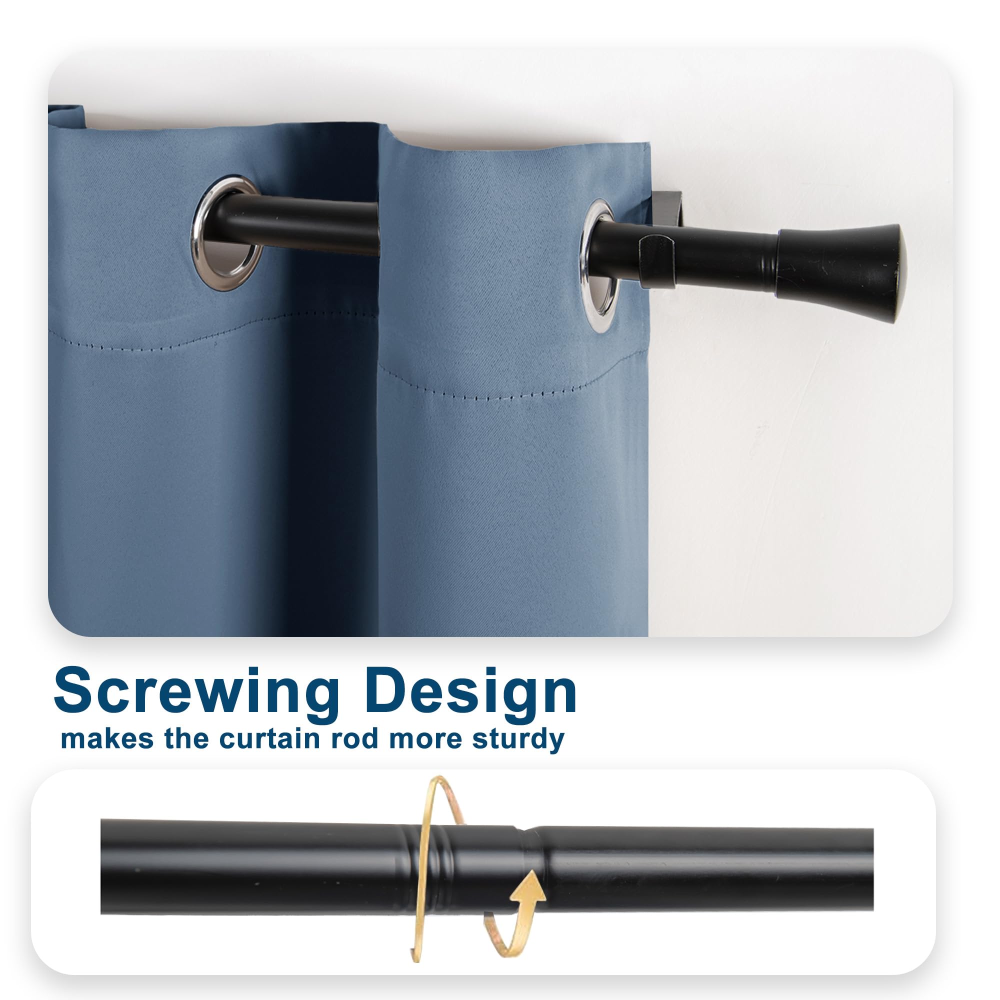 Blue curtain with black and silver curtain rods on a white background, highlighting screwing design.
