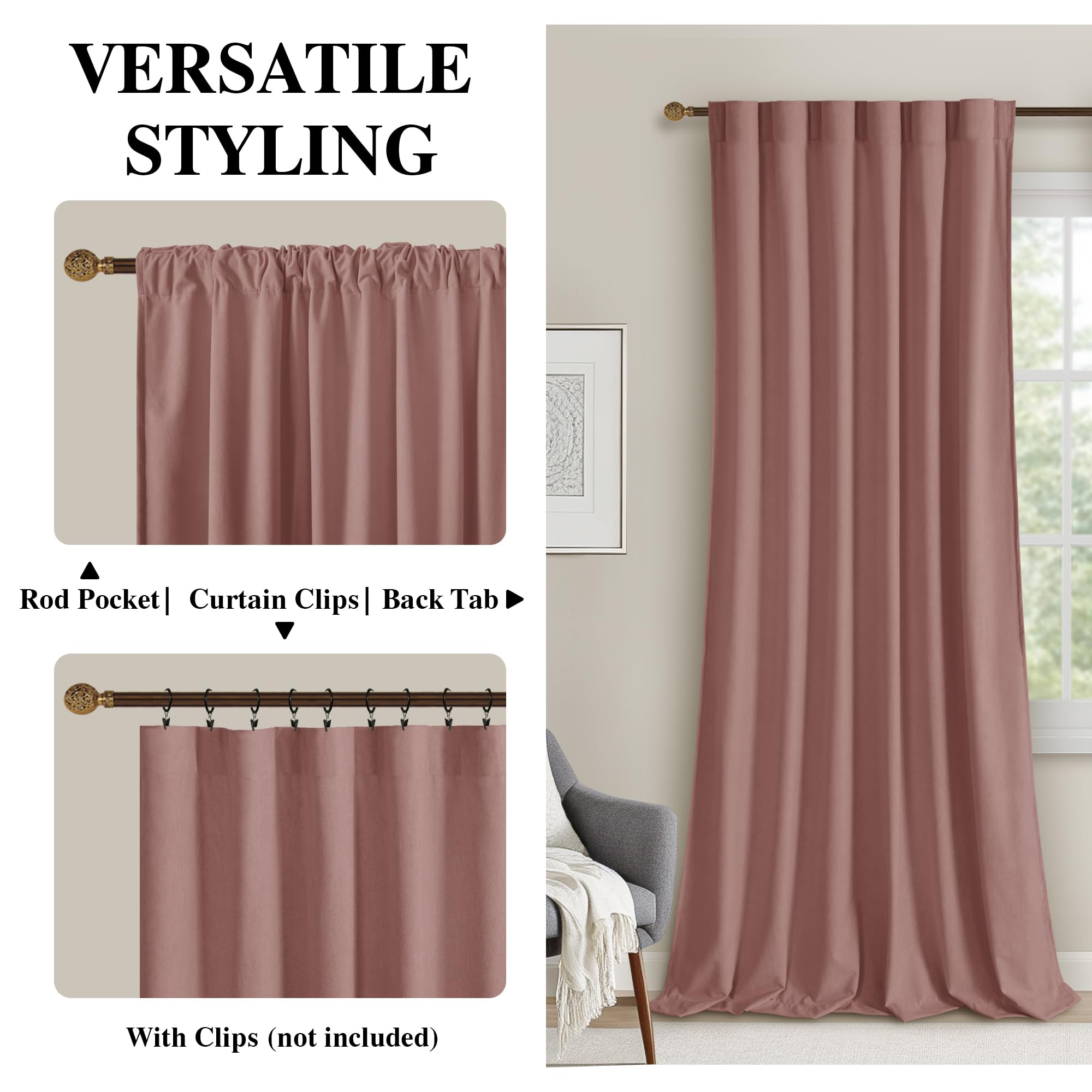DWCN velvet curtains with two panels featuring rod pocket and back tab design, showcasing soft, luxurious fabric and elegant drape.