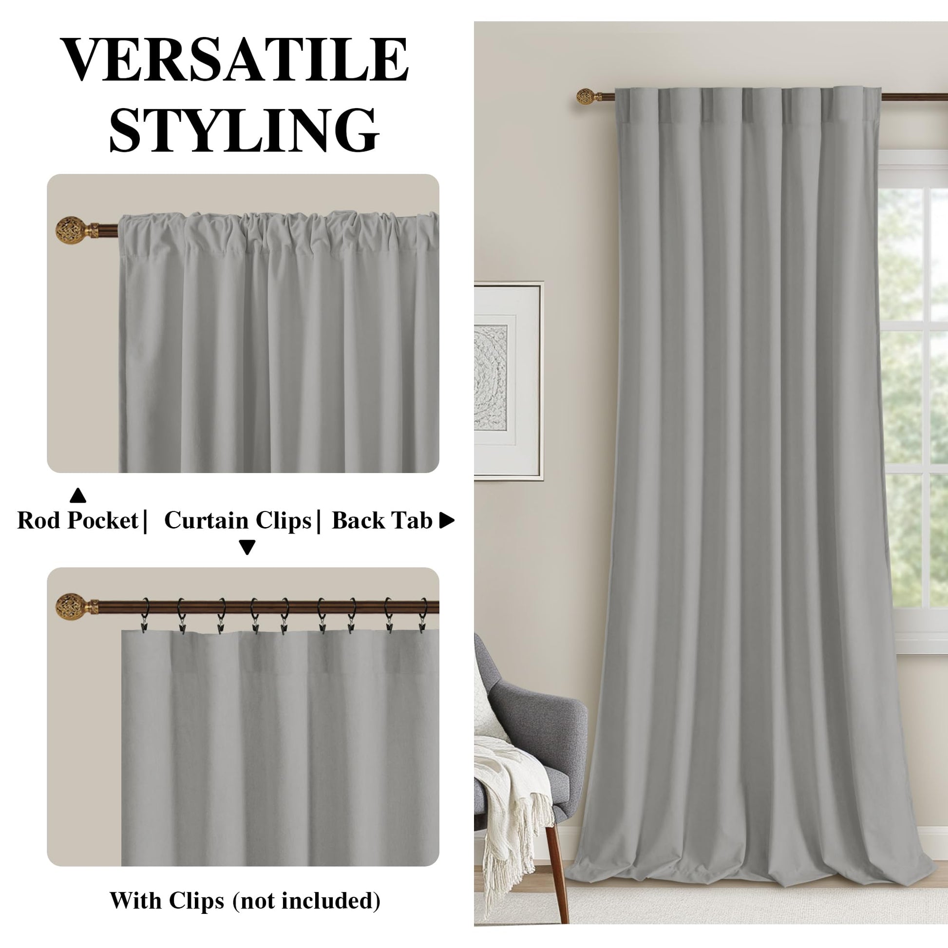 Two DWCN Velvet Curtains panels with rod pocket and back tab hanging on a window, showcasing soft, luxurious fabric and elegant design.