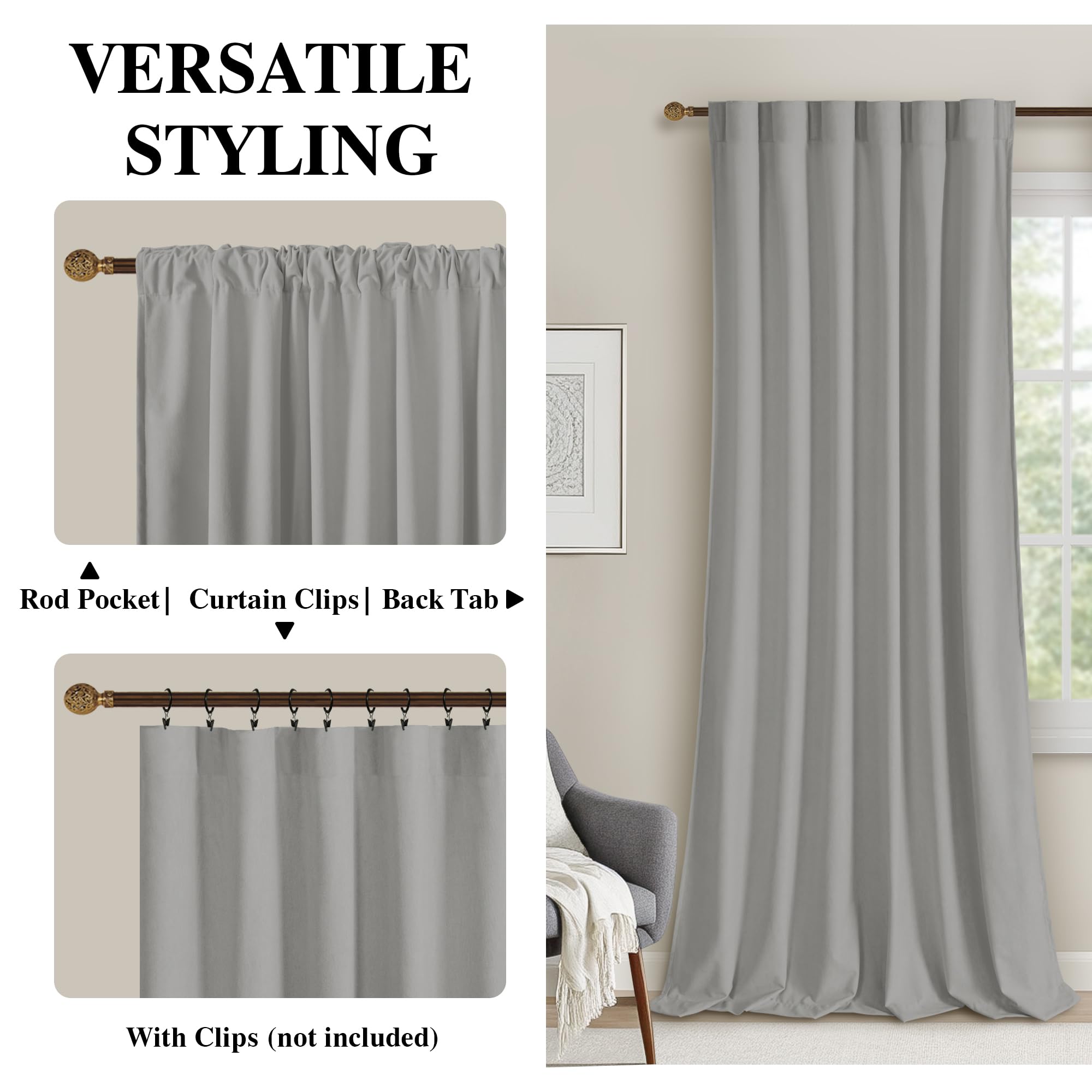 Two DWCN Velvet Curtains panels with rod pocket and back tab hanging on a window, showcasing soft, luxurious fabric and elegant design.