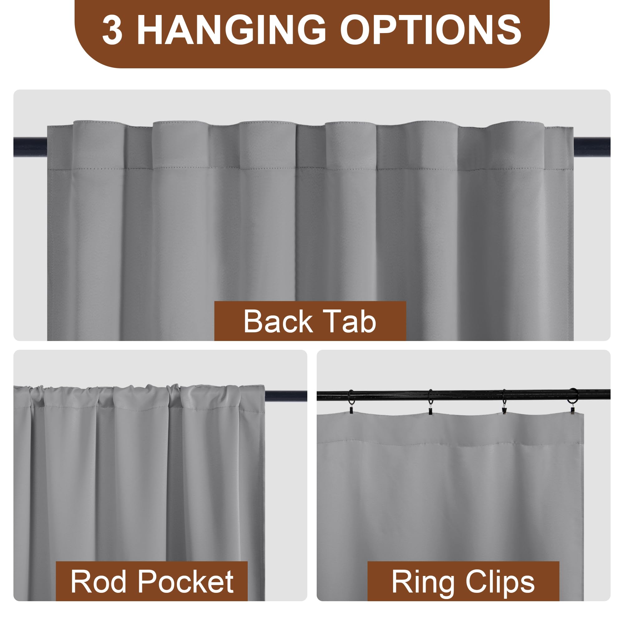 Set of two DWCN Blackout Curtains with tiebacks, rod pocket and back tab design, in black fabric, for window privacy and light control.