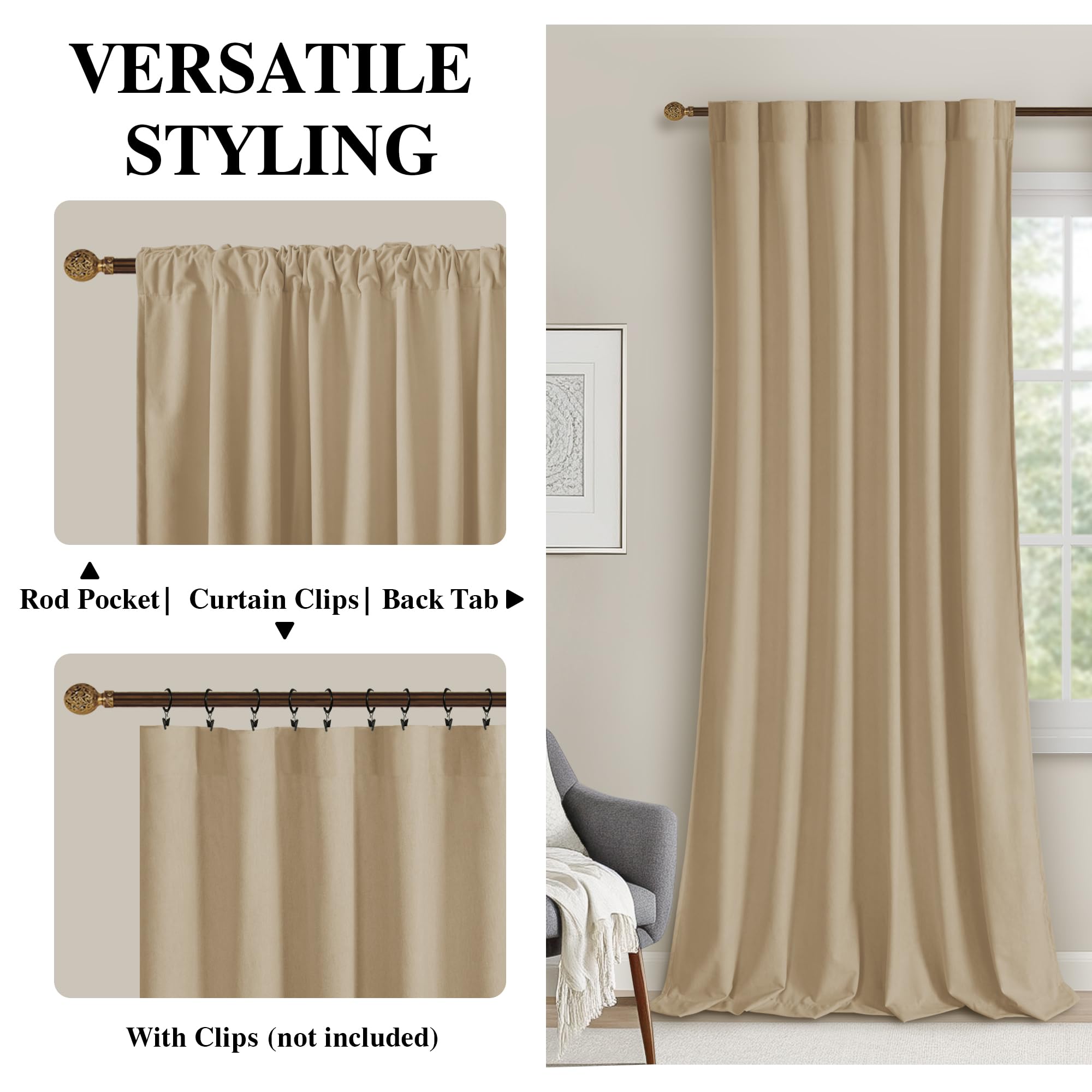 Pair of DWCN Velvet Curtains with rod pocket and back tab, shown hanging on a window with a soft, luxurious fabric texture