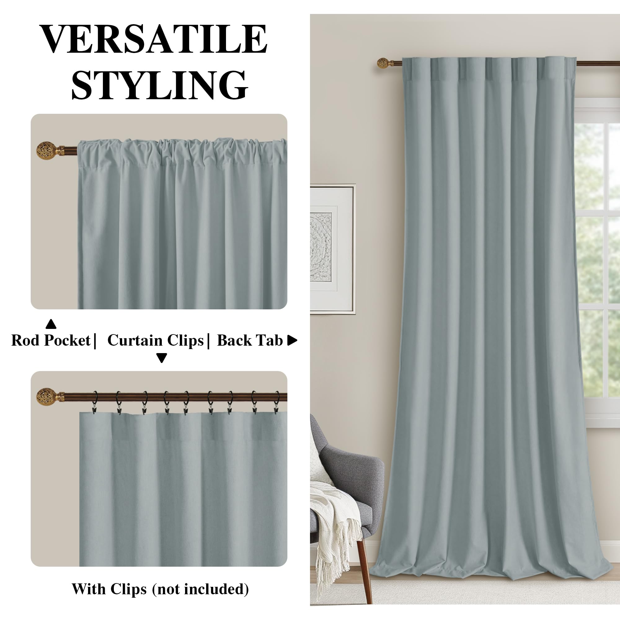 DWCN Velvet Curtains with 2 panels showing rod pocket and back tab design, soft textured fabric for elegant window decoration.