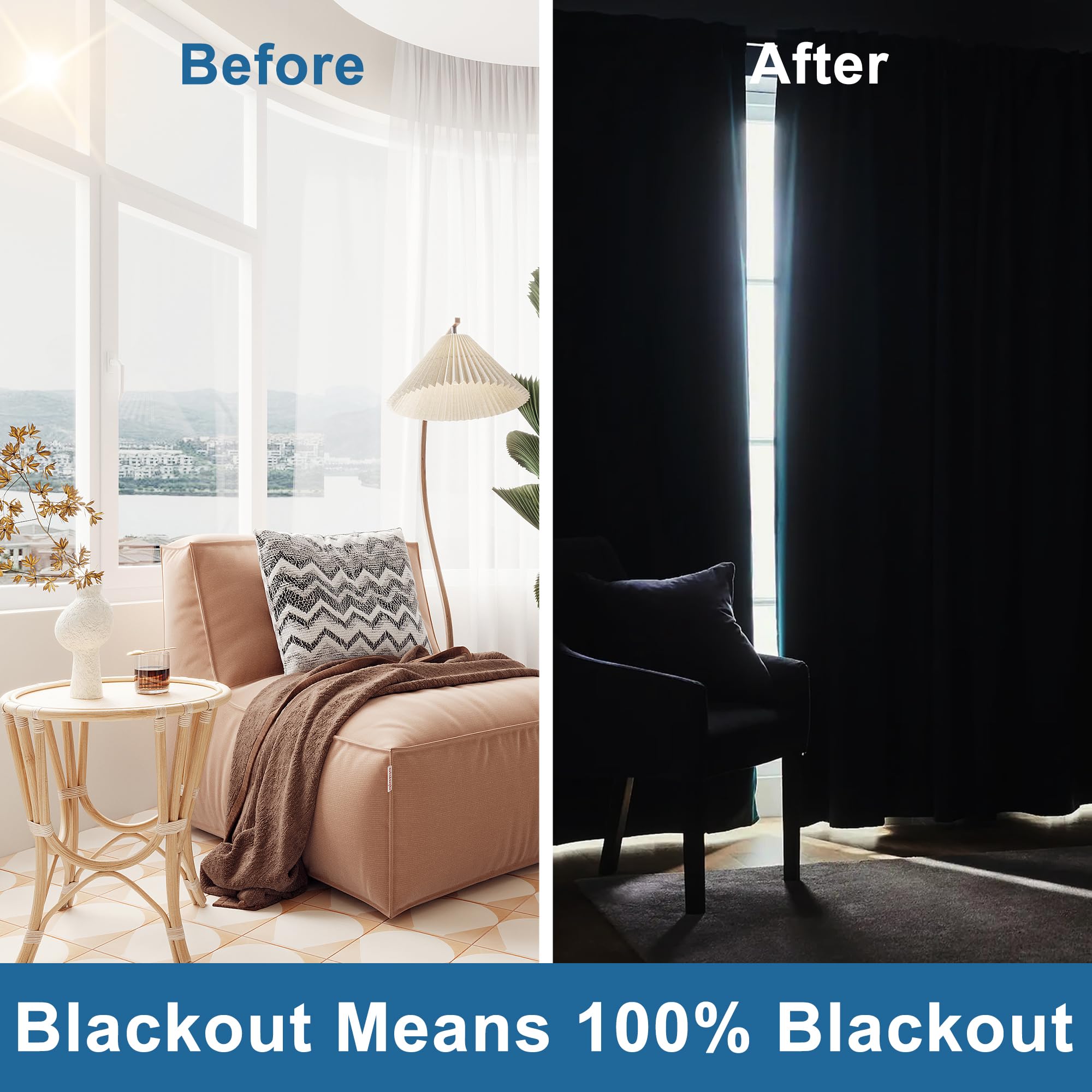 DWCN Official blackout curtains with grommet top design in solid black fabric, suitable for blocking light and enhancing privacy.