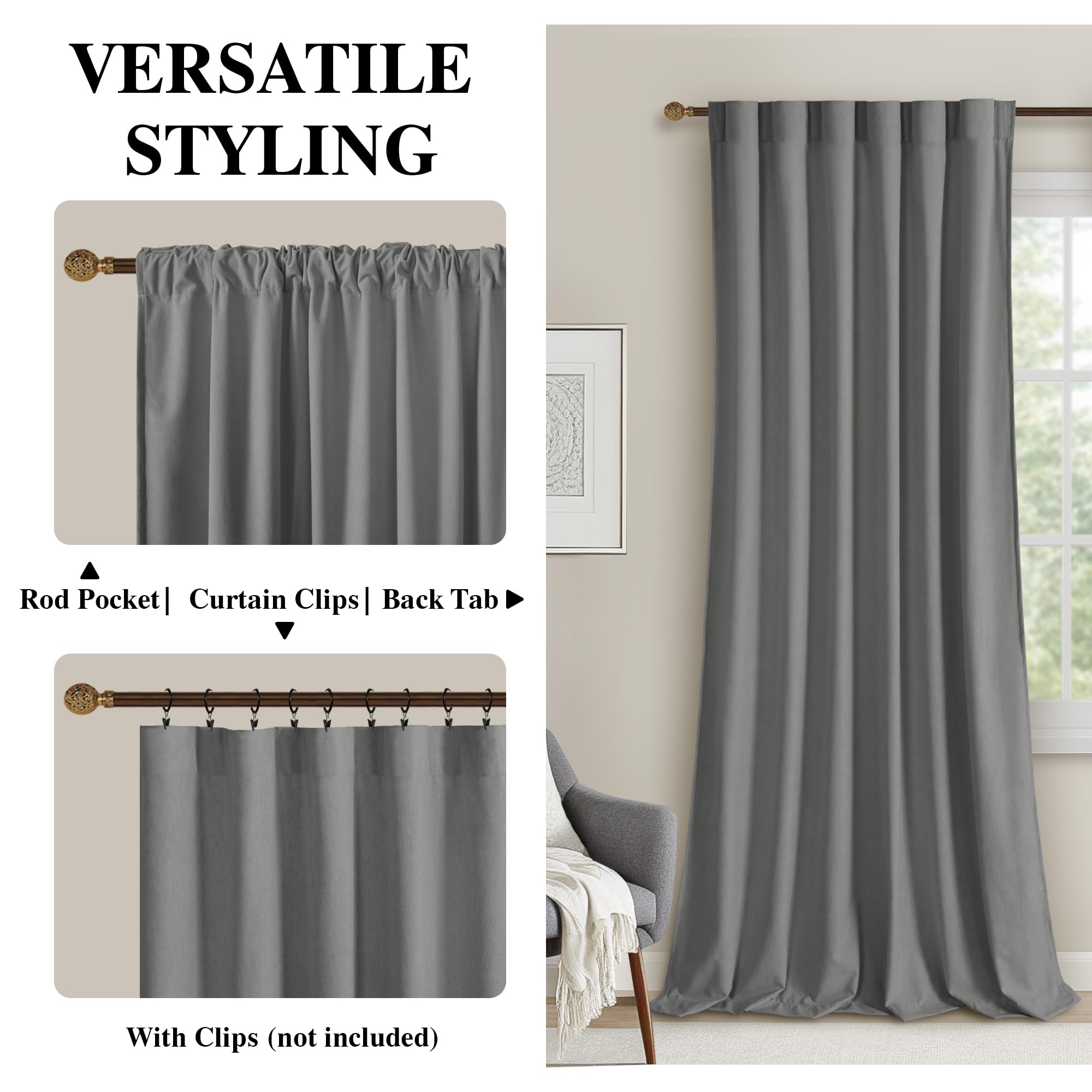 DWCN Velvet Curtains, 2 Panels with rod pocket and back tab, showcasing soft, luxurious fabric and stylish design.
