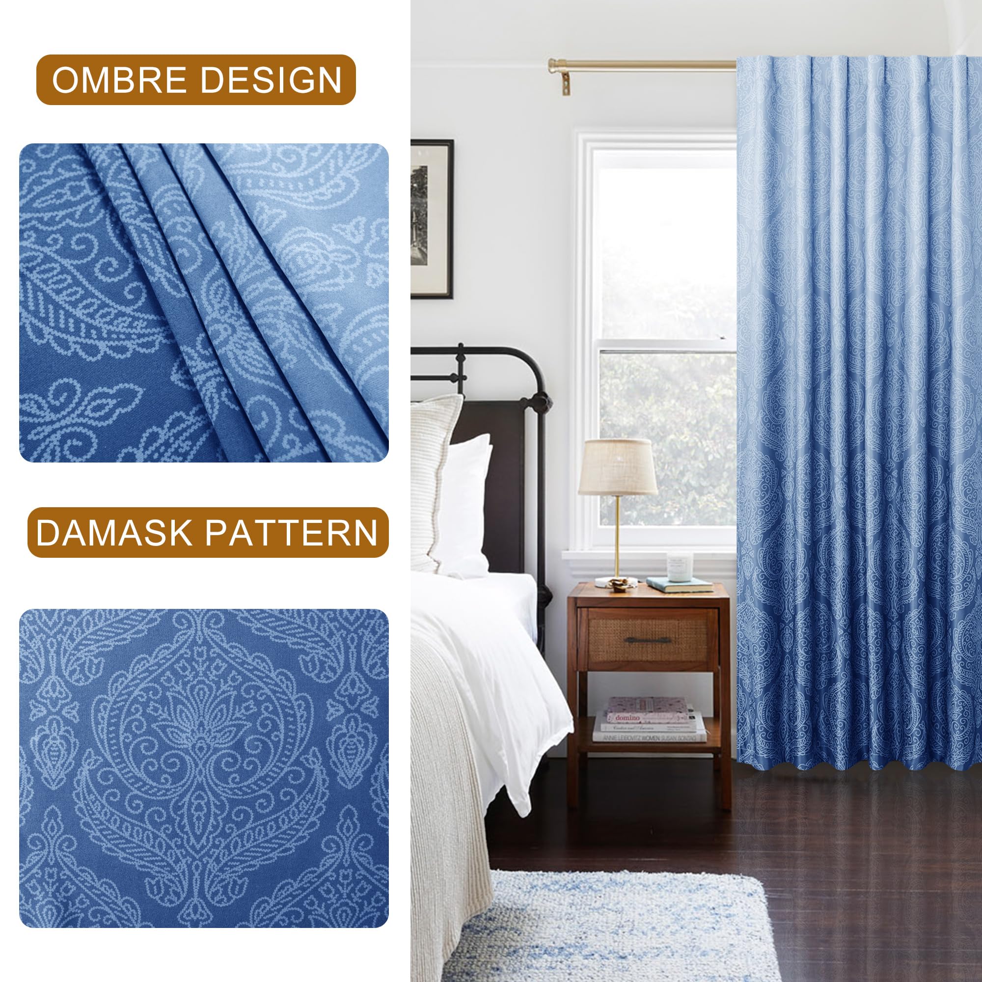Two DWCN Official blackout curtain panels with ombre black and gray design and tiebacks hanging on a window.